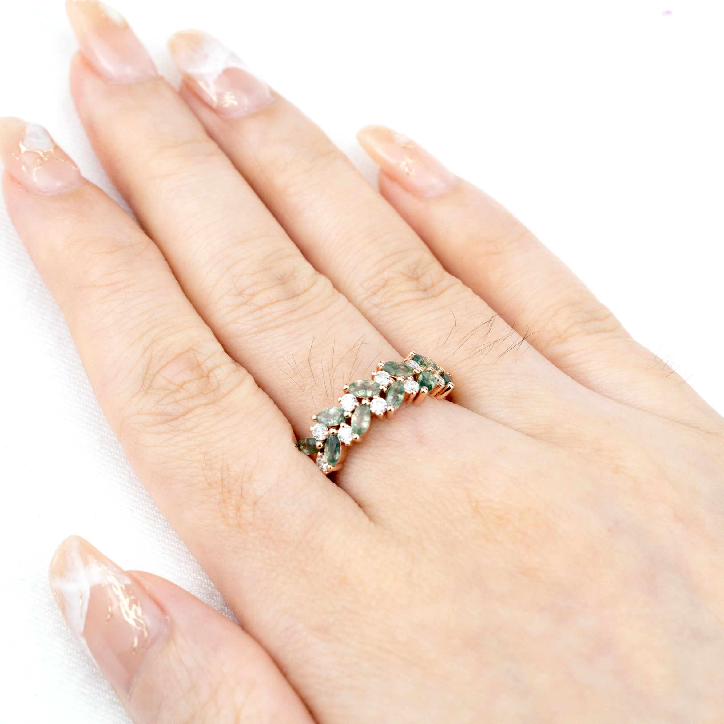 Nature Inspired Design Moss Agate Gold Ring With Moissanite.