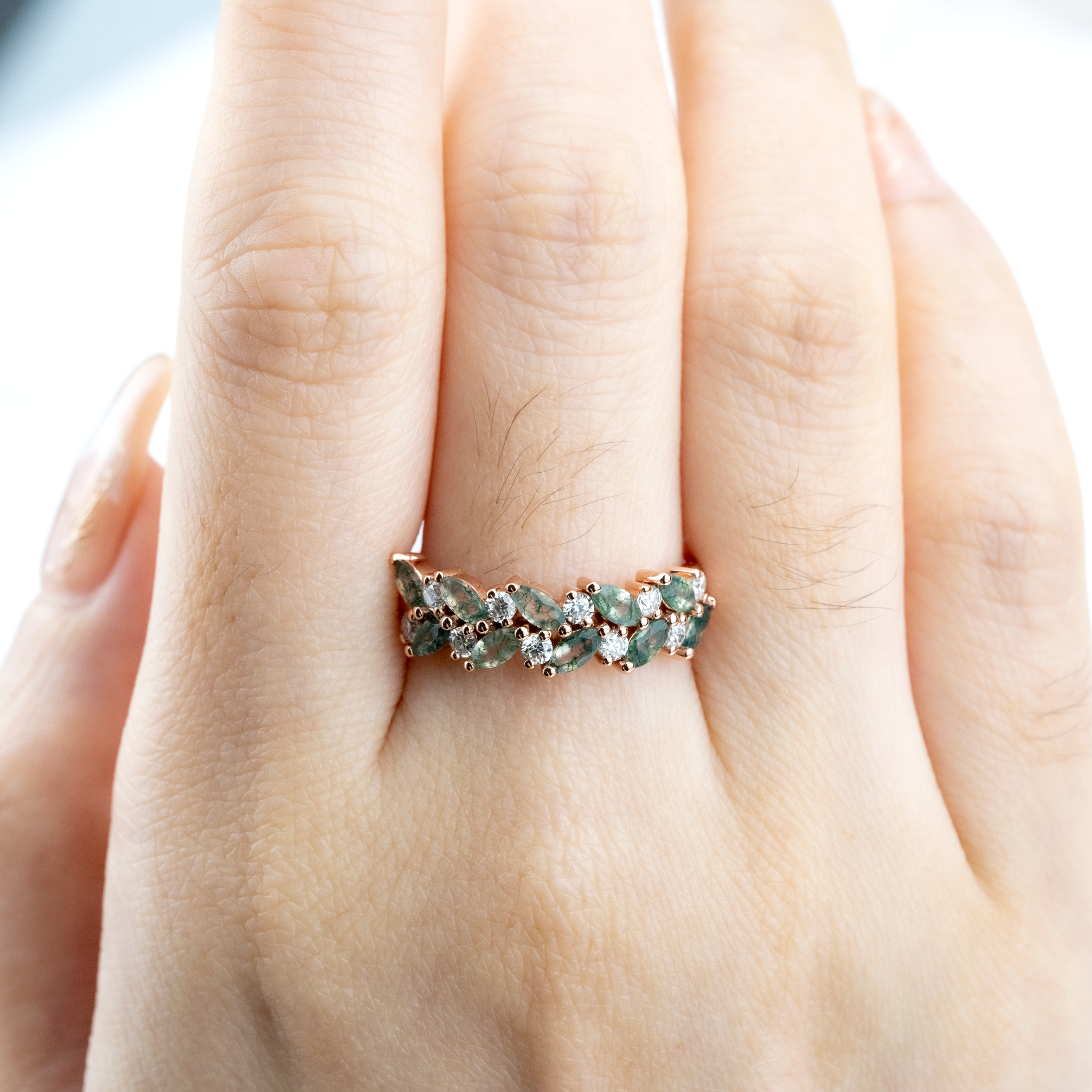 Nature Inspired Design Moss Agate Gold Ring With Moissanite.