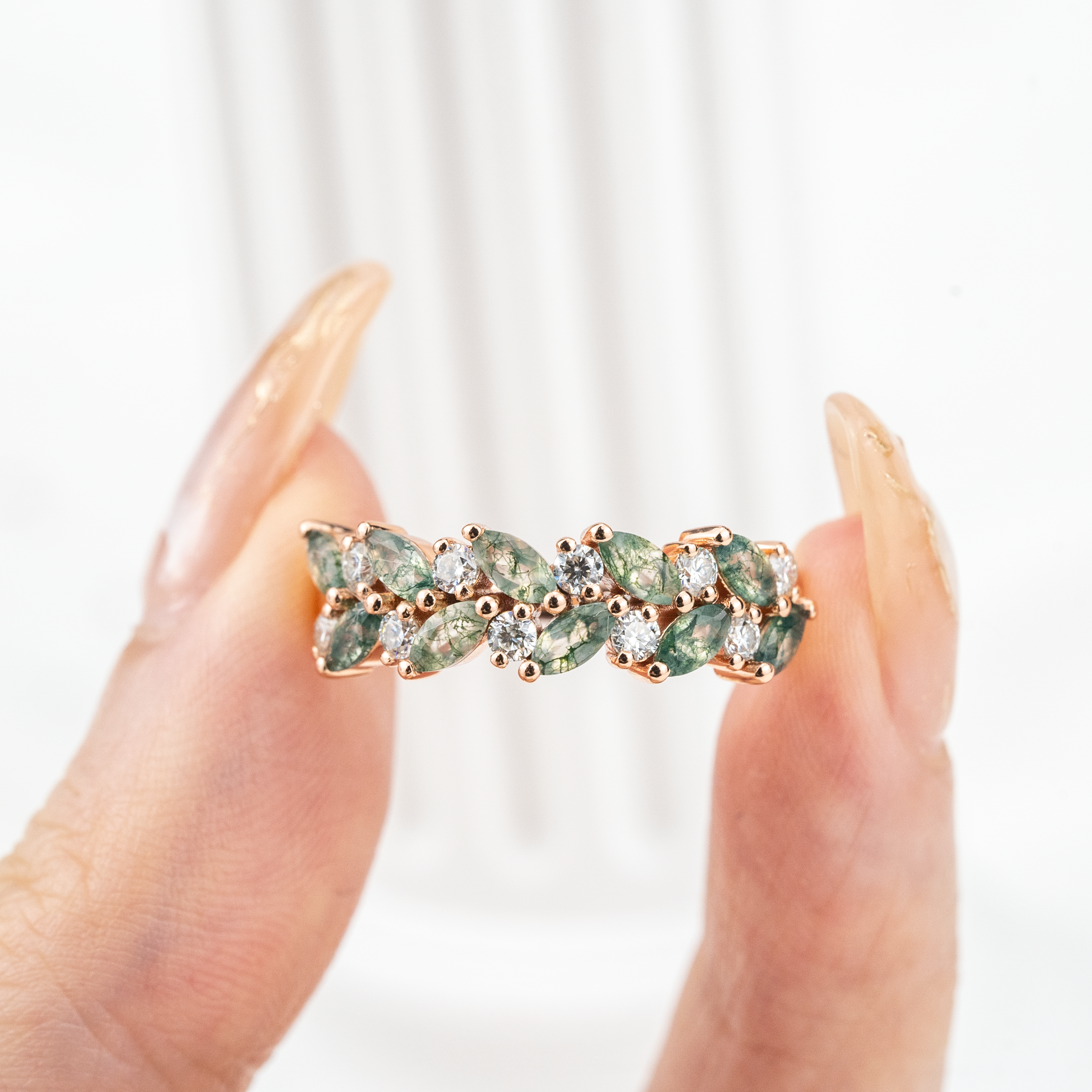 Nature Inspired Design Moss Agate Gold Ring With Moissanite.