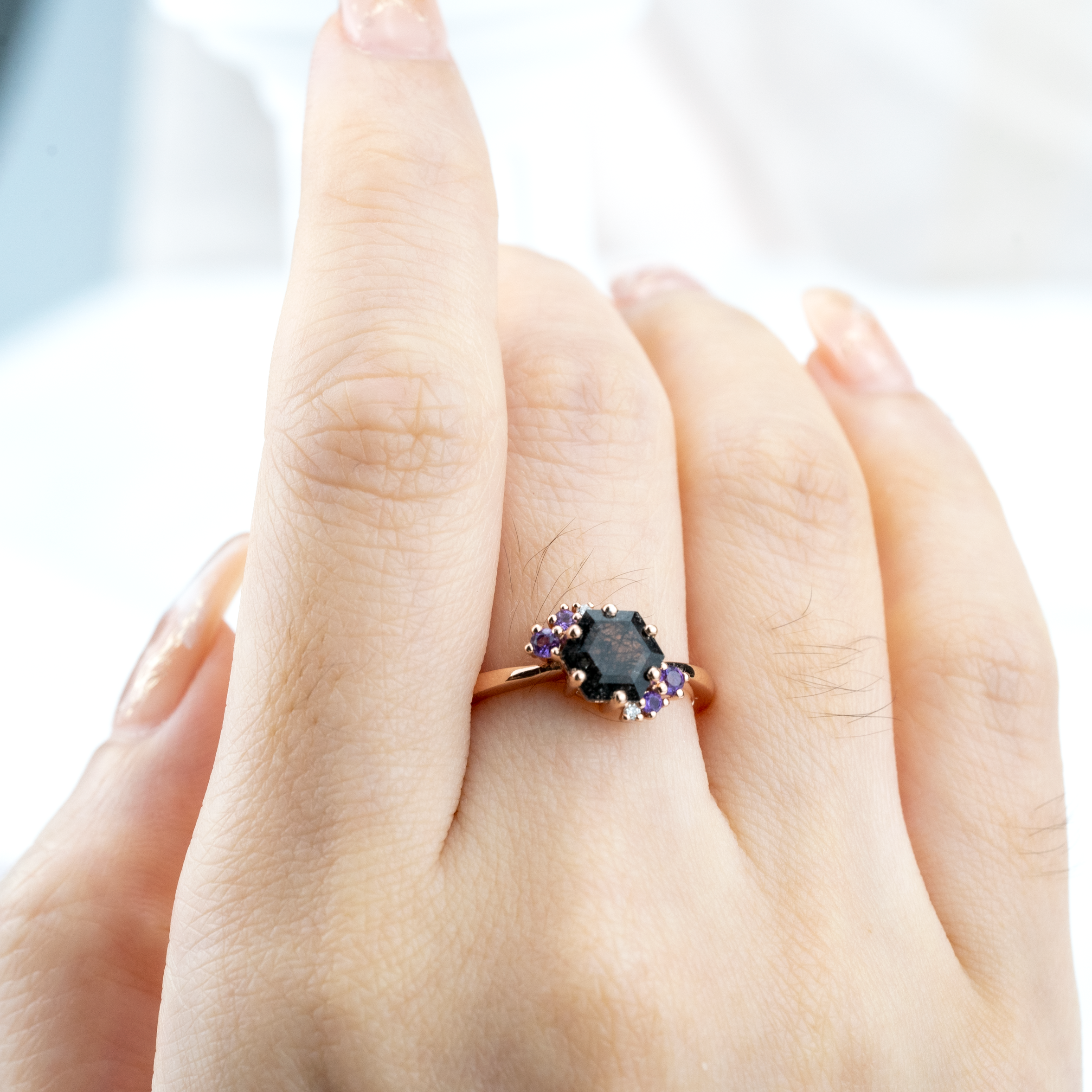 Hexagonal Black Tourmaline with Amethyst Rose Gold Ring.