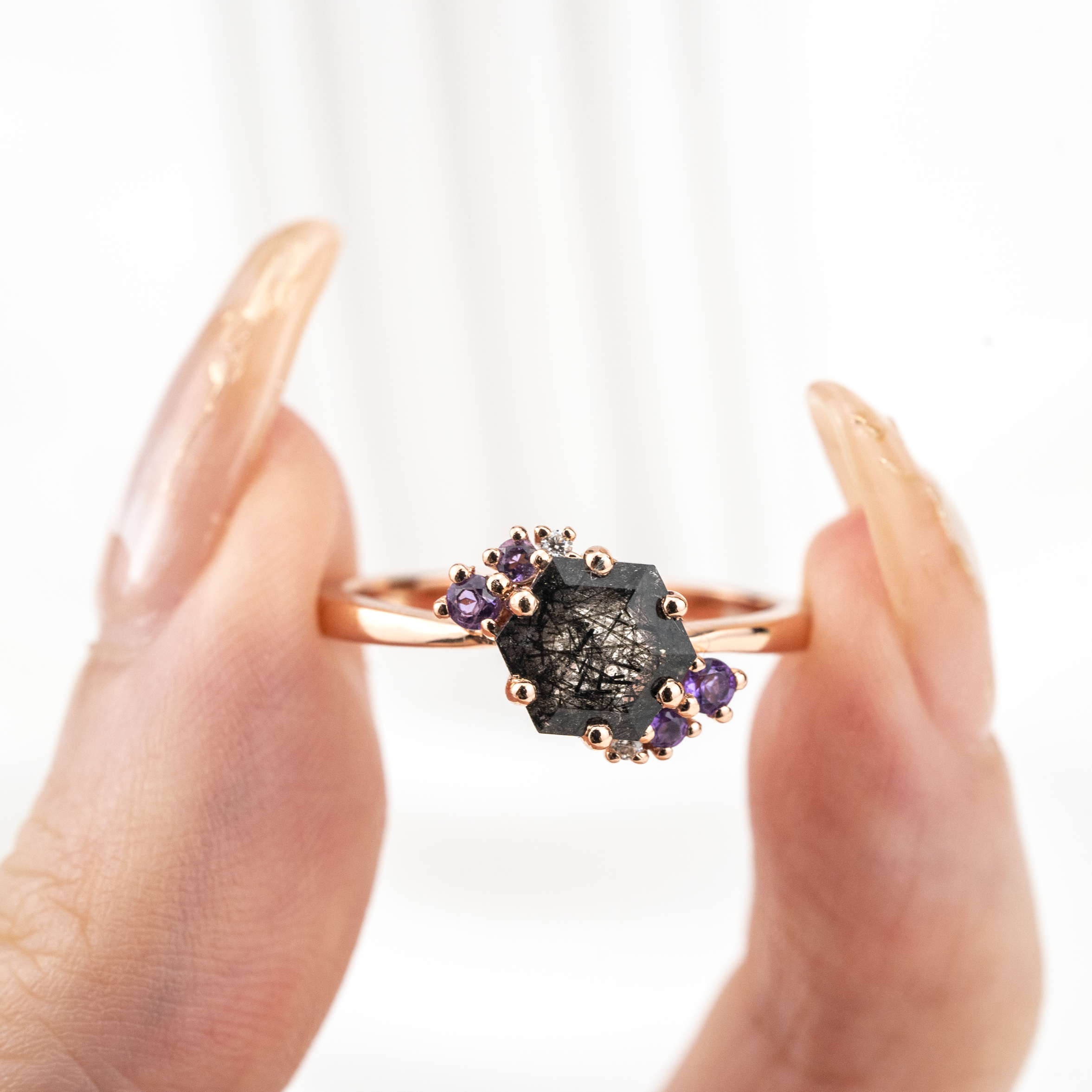 Hexagonal Black Tourmaline with Amethyst Rose Gold Ring.