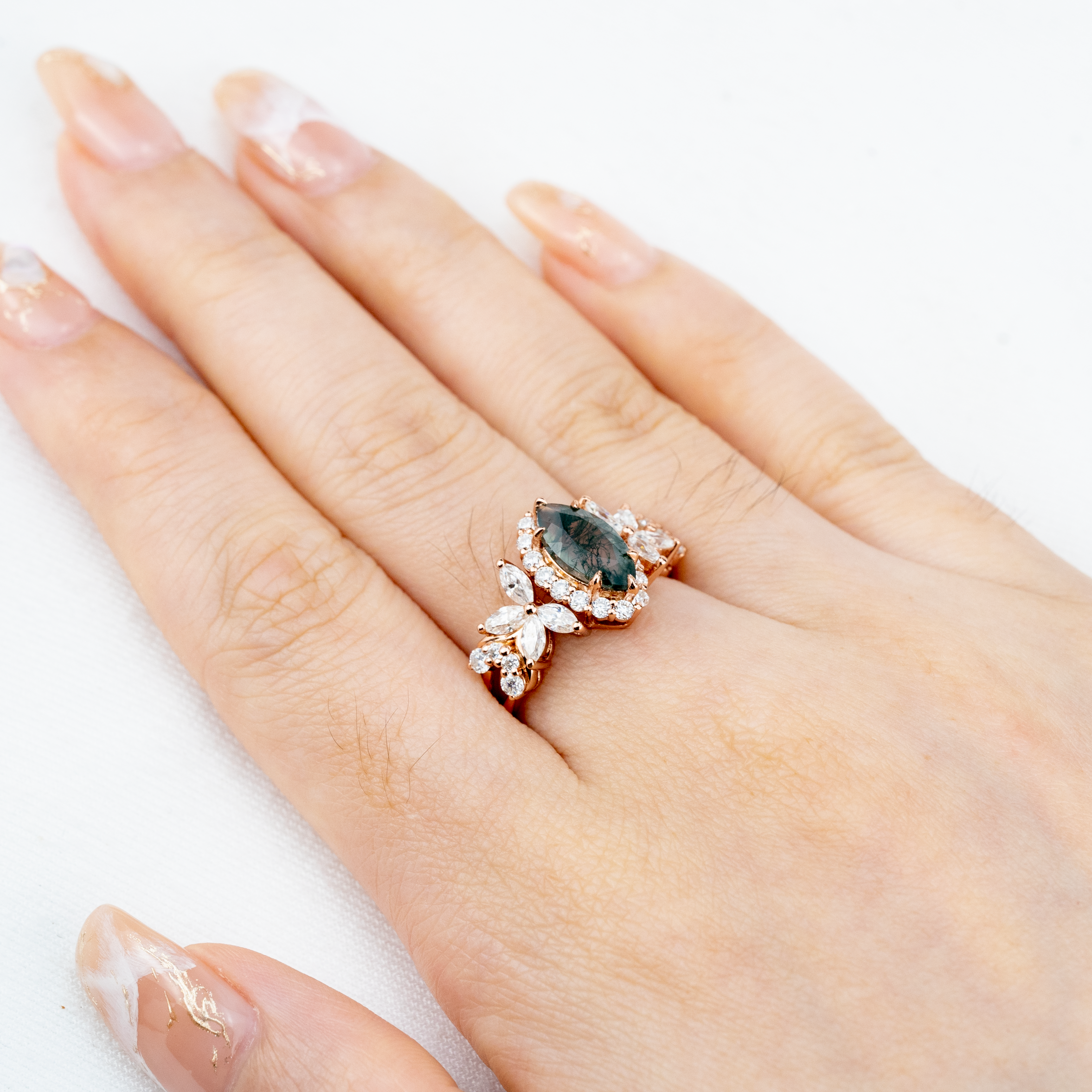 Luxurious Marquise Moss Agate with Moissanite Gold Ring.