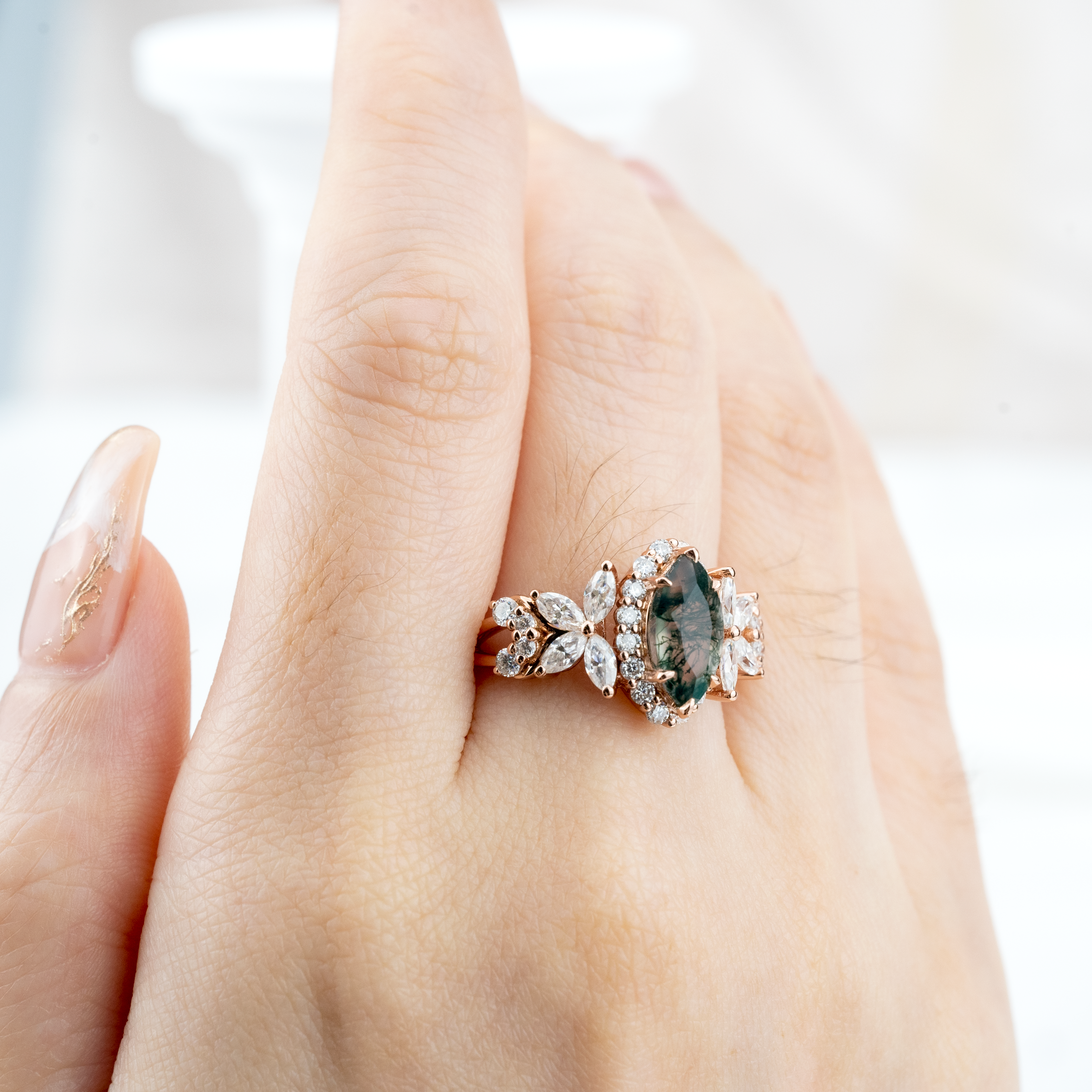 Luxurious Marquise Moss Agate with Moissanite Gold Ring.
