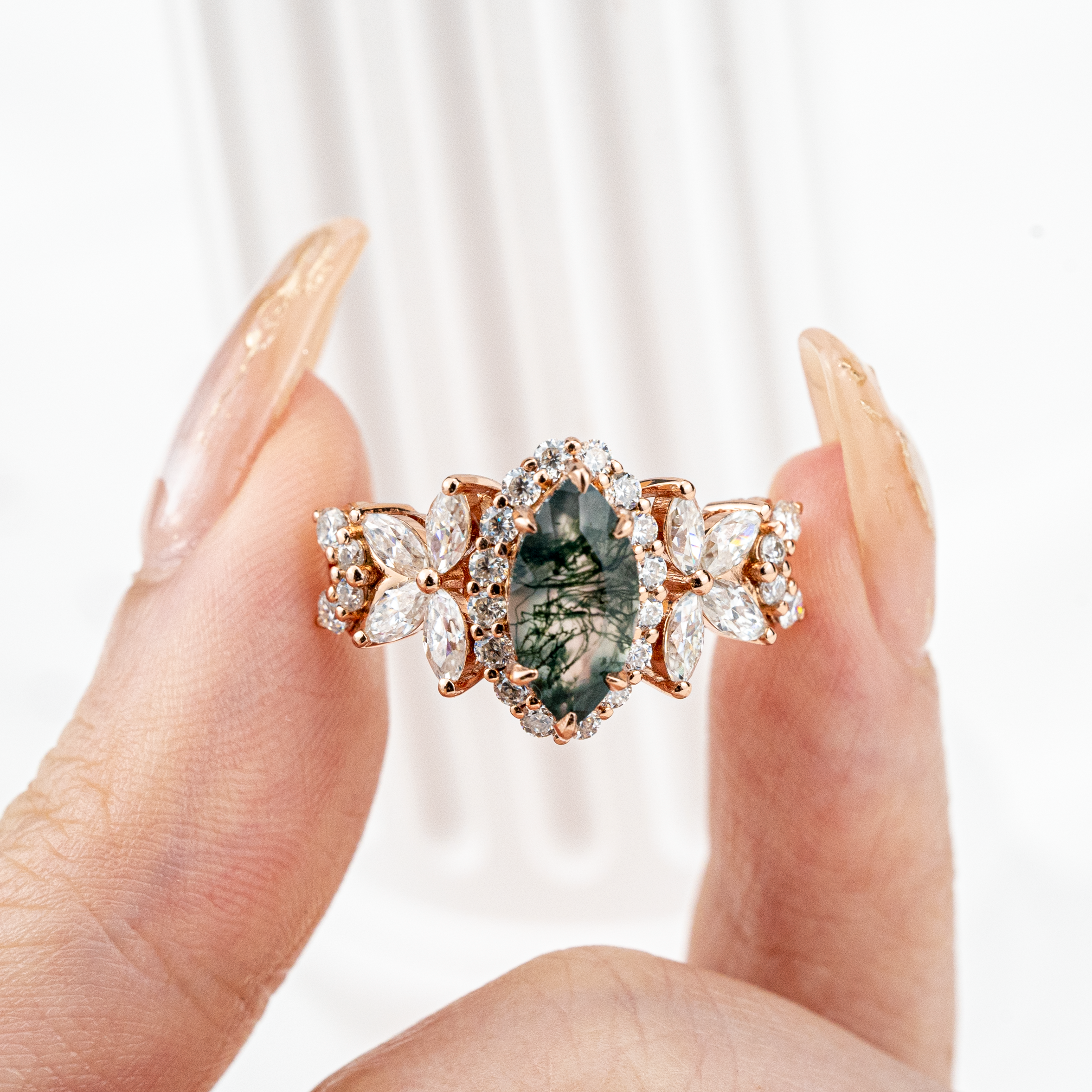Luxurious Marquise Moss Agate with Moissanite Gold Ring.