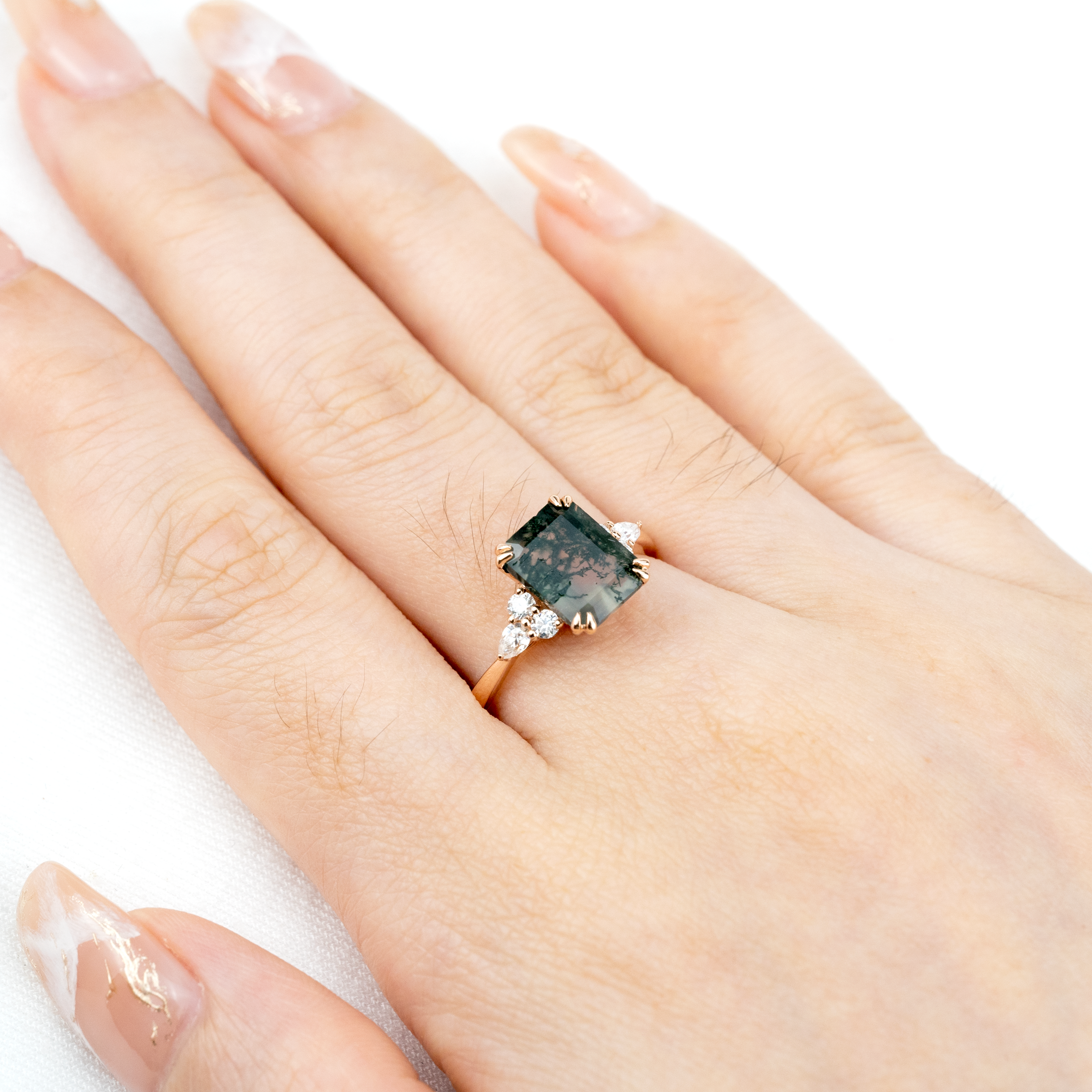 Classic Square Moss Agate Gold Engagement Ring With Moissanite.