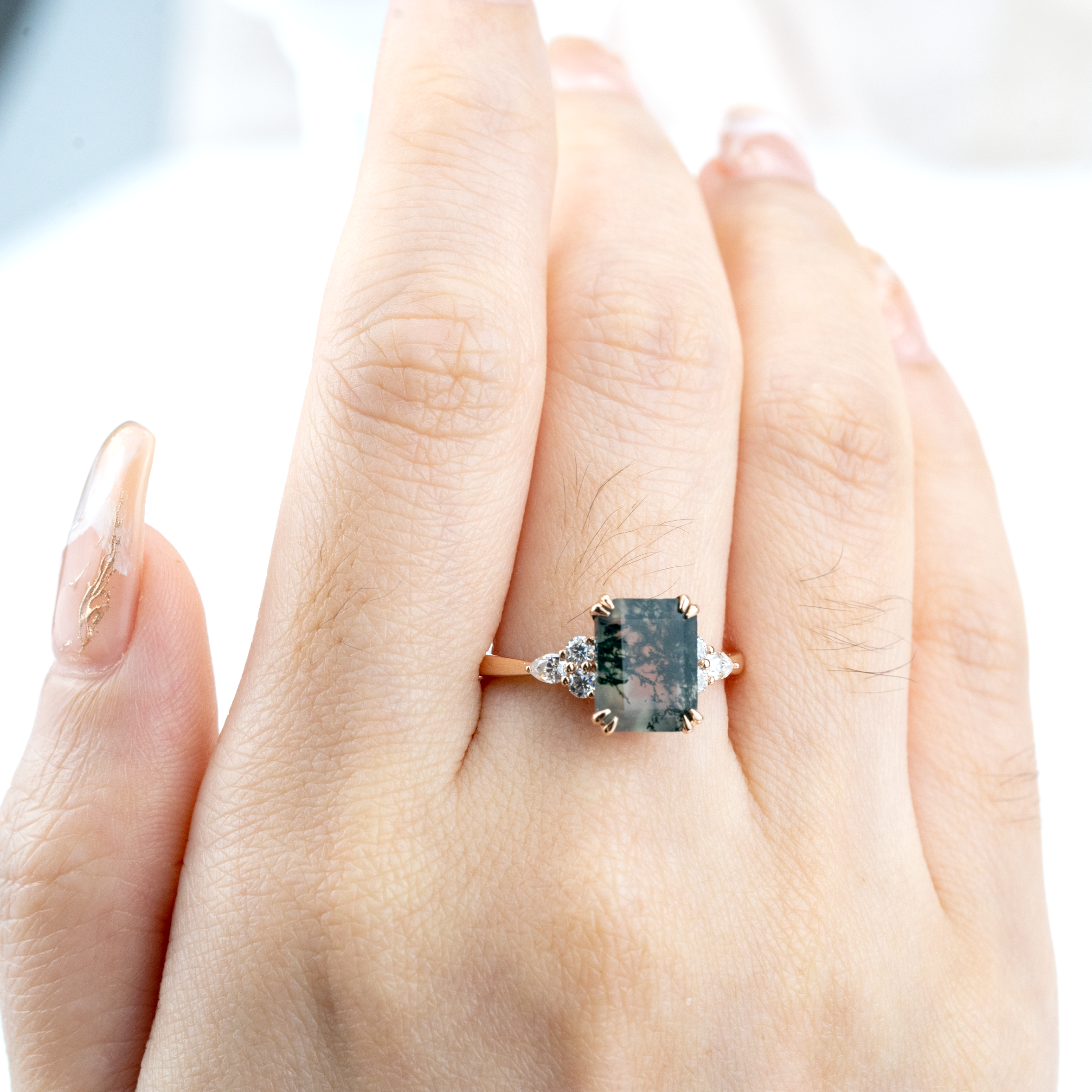 Classic Square Moss Agate Gold Engagement Ring With Moissanite.