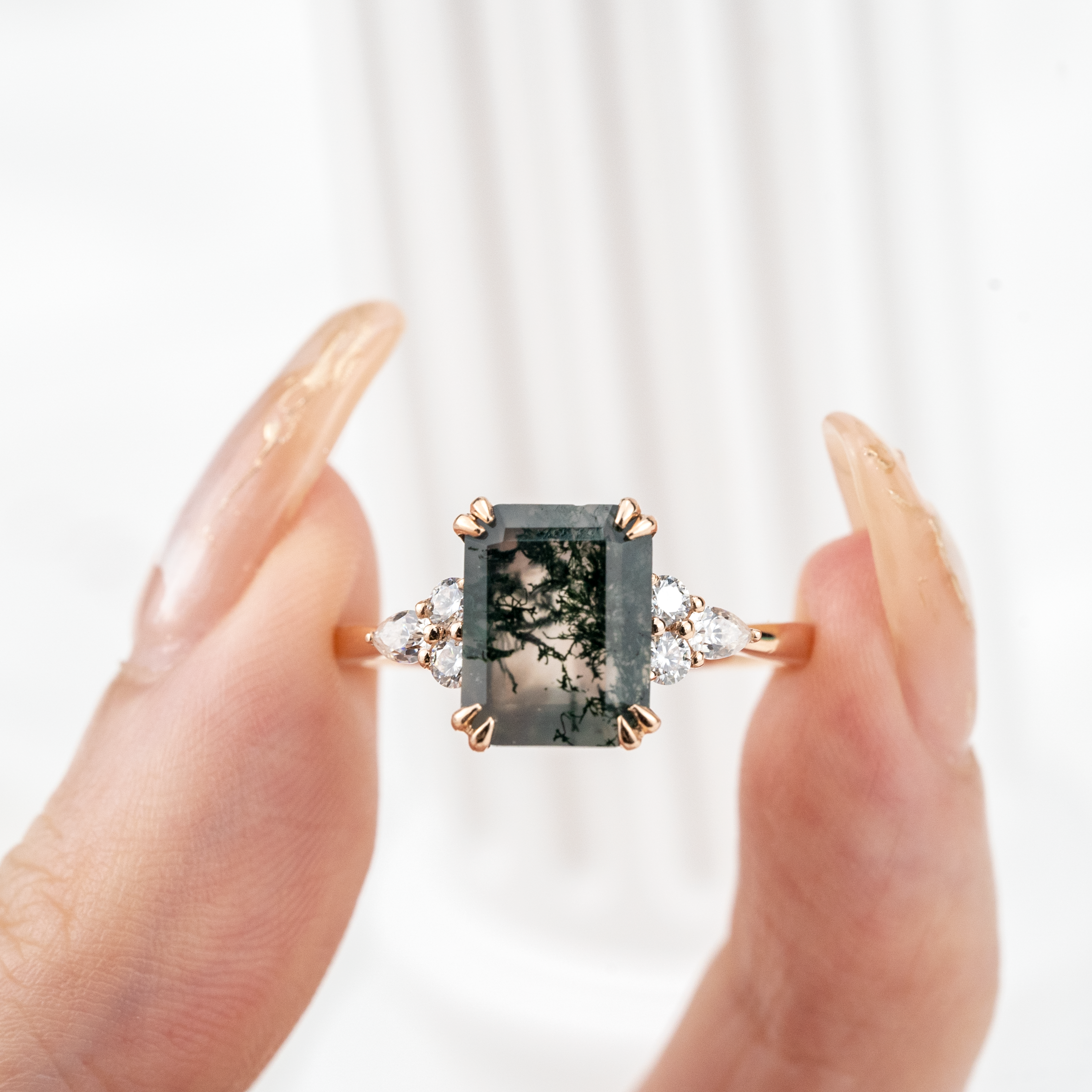 Classic Square Moss Agate Gold Engagement Ring With Moissanite.