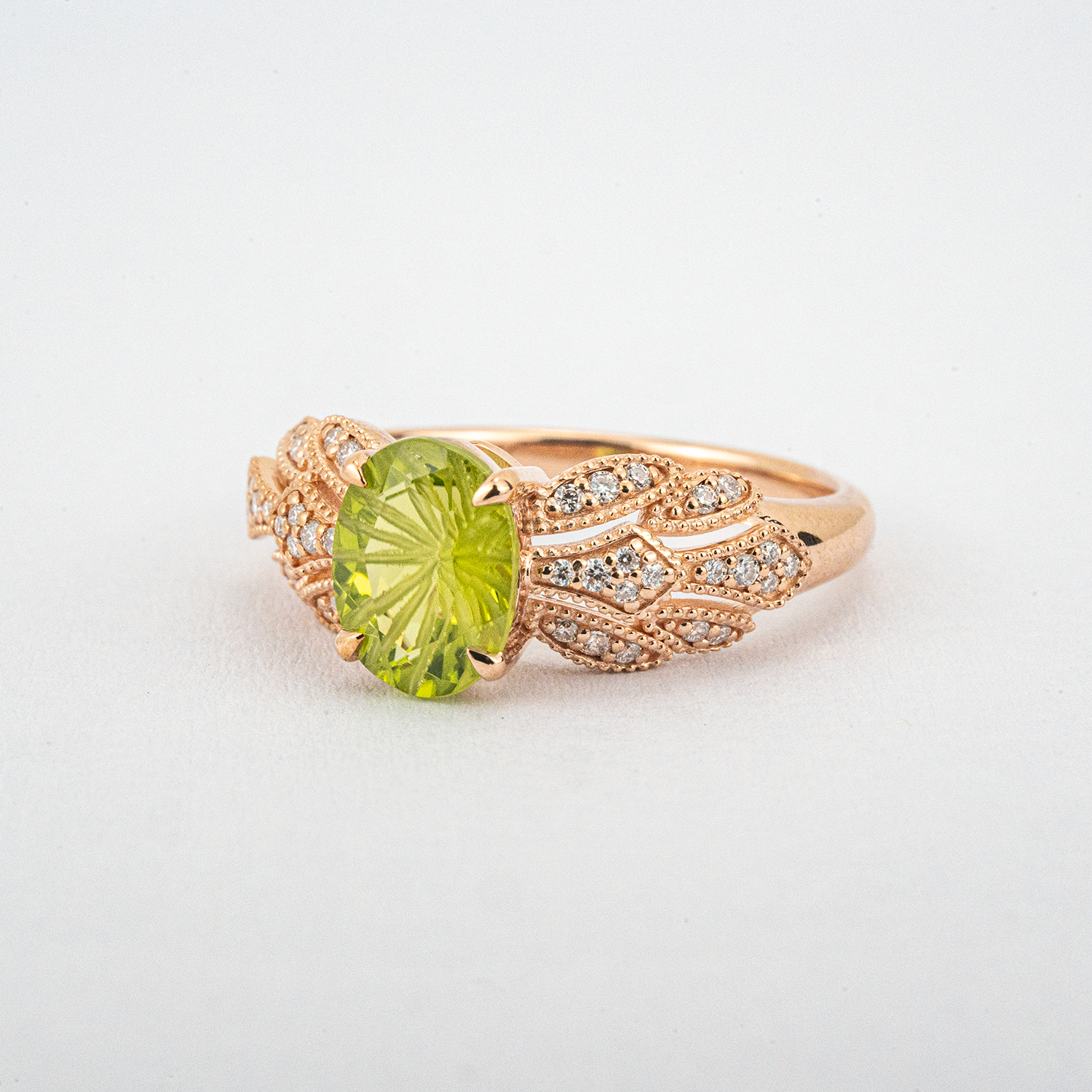 AETHER - Fireworks Cut Oval Peridot Rose Gold Moissanite Ring Green Gems Ring
