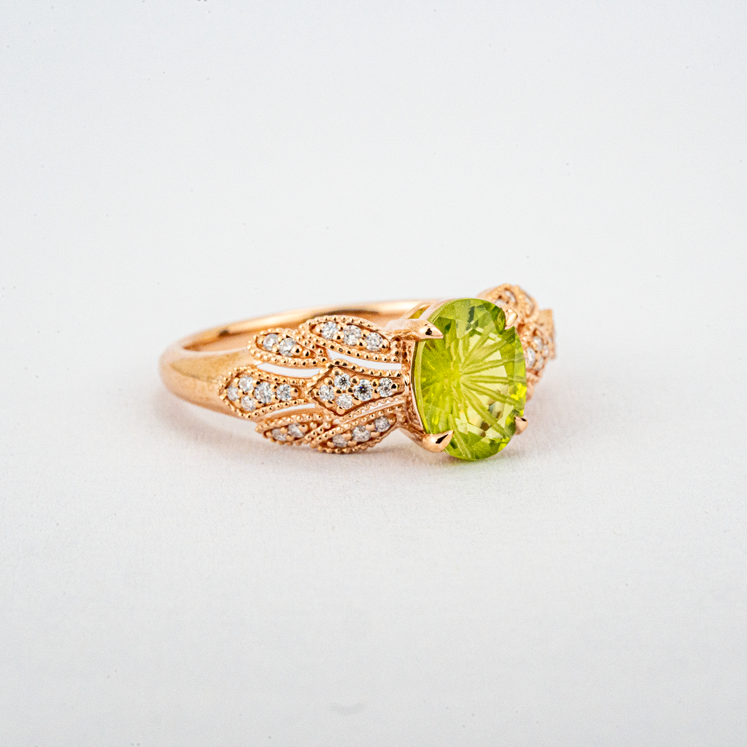 AETHER - Fireworks Cut Oval Peridot Rose Gold Moissanite Ring Green Gems Ring