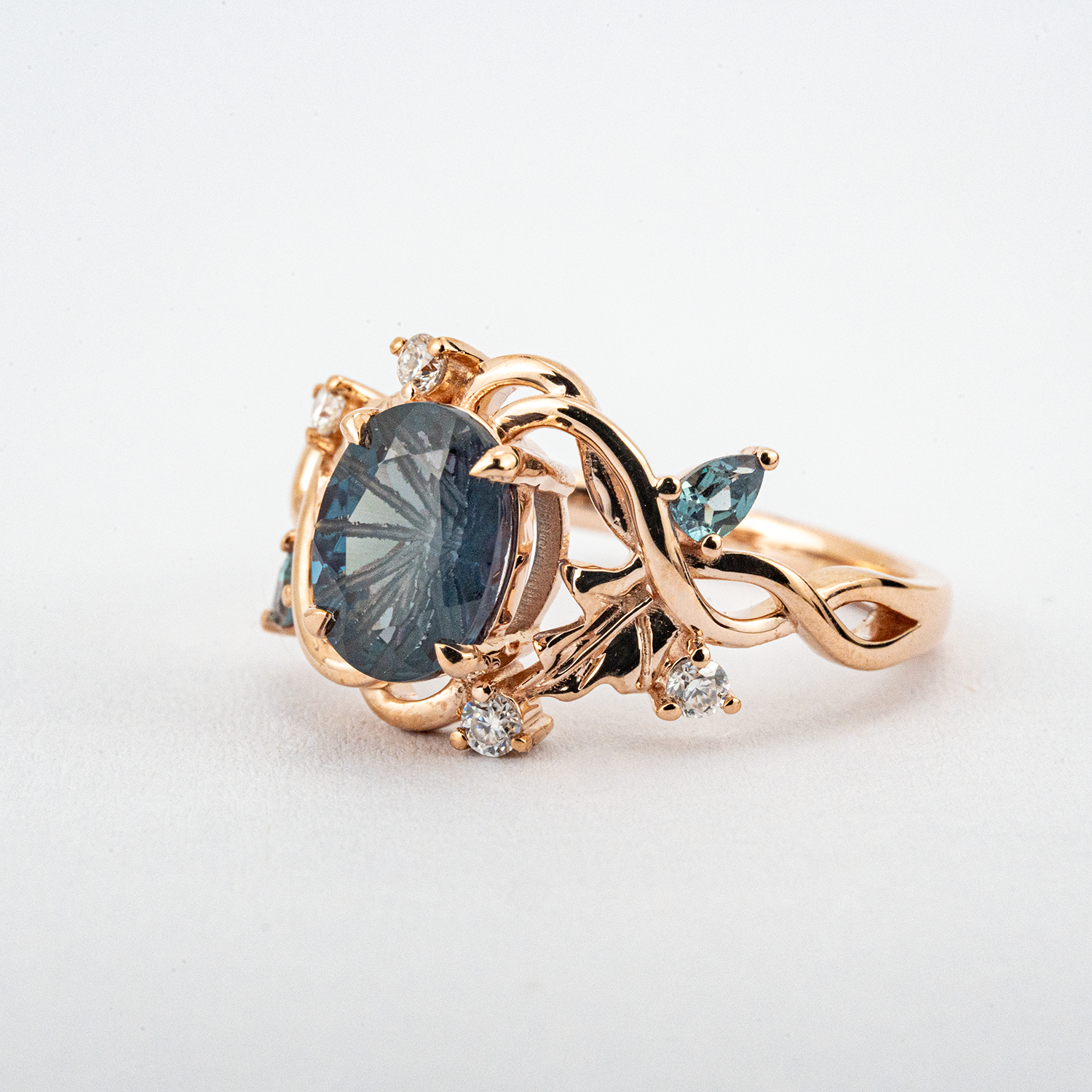 ELEVA - Oval Lab Alexandrite Rose Gold Leaf Ring Floral Fireworks Cut Nature Ring