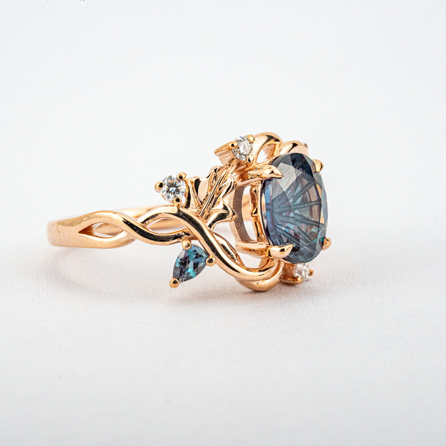 ELEVA - Oval Lab Alexandrite Rose Gold Leaf Ring Floral Fireworks Cut Nature Ring