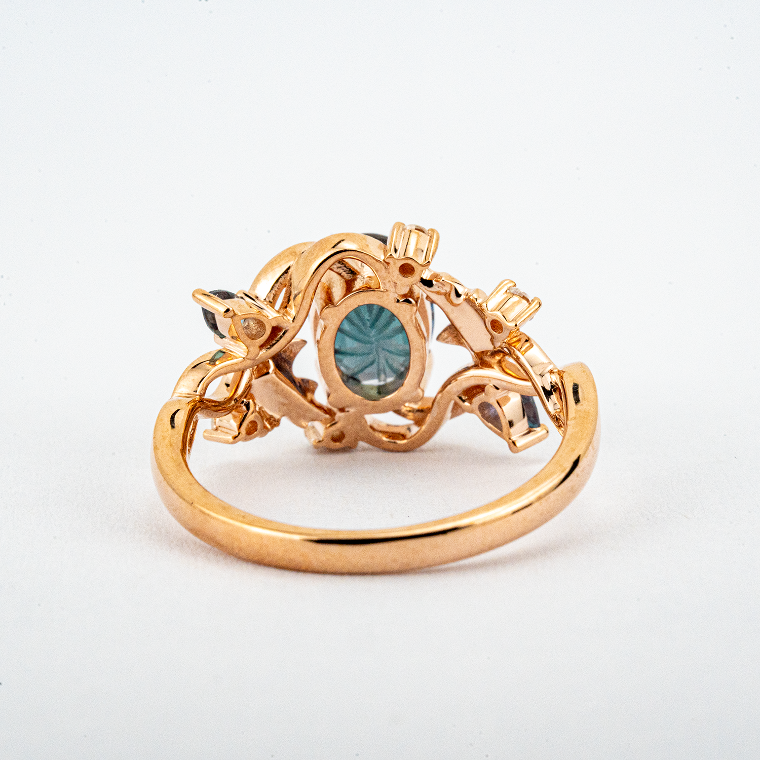 ELEVA - Oval Lab Alexandrite Rose Gold Leaf Ring Floral Fireworks Cut Nature Ring