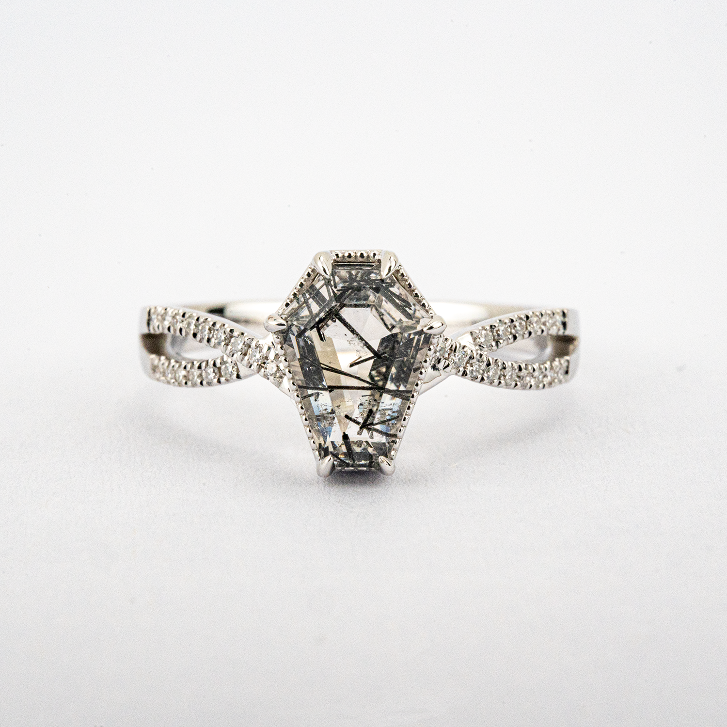 LUMINA - Black Rutilated Quartz White Gold Ring Set Luxury White Gold Ring Wedding