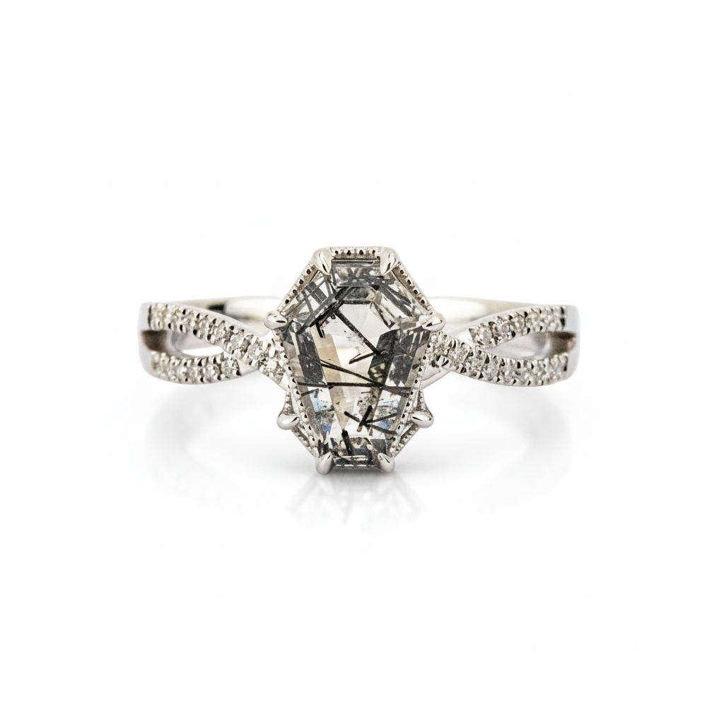 Product view of Black Rutilated Quartz Ring Set in White Gold