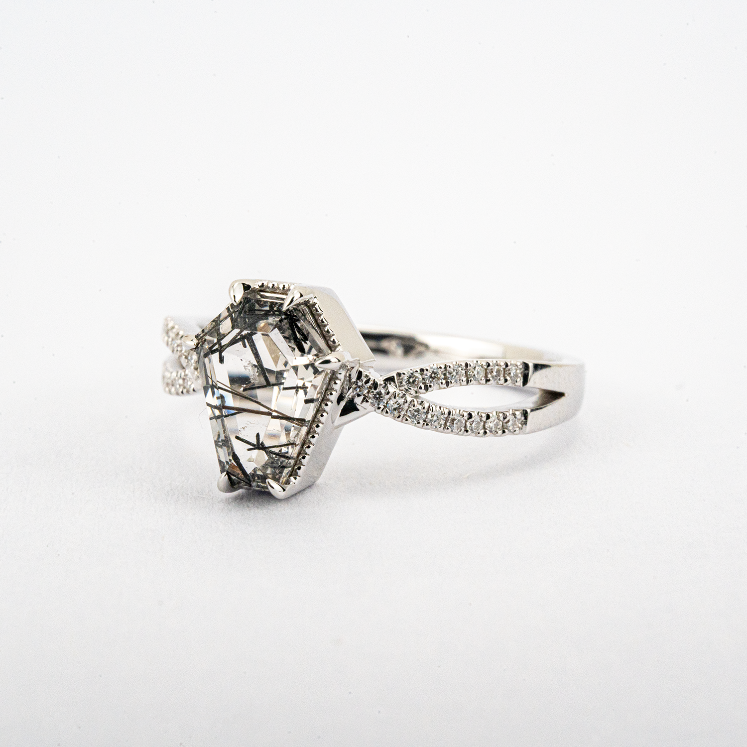 LUMINA - Black Rutilated Quartz White Gold Ring Set Luxury White Gold Ring Wedding