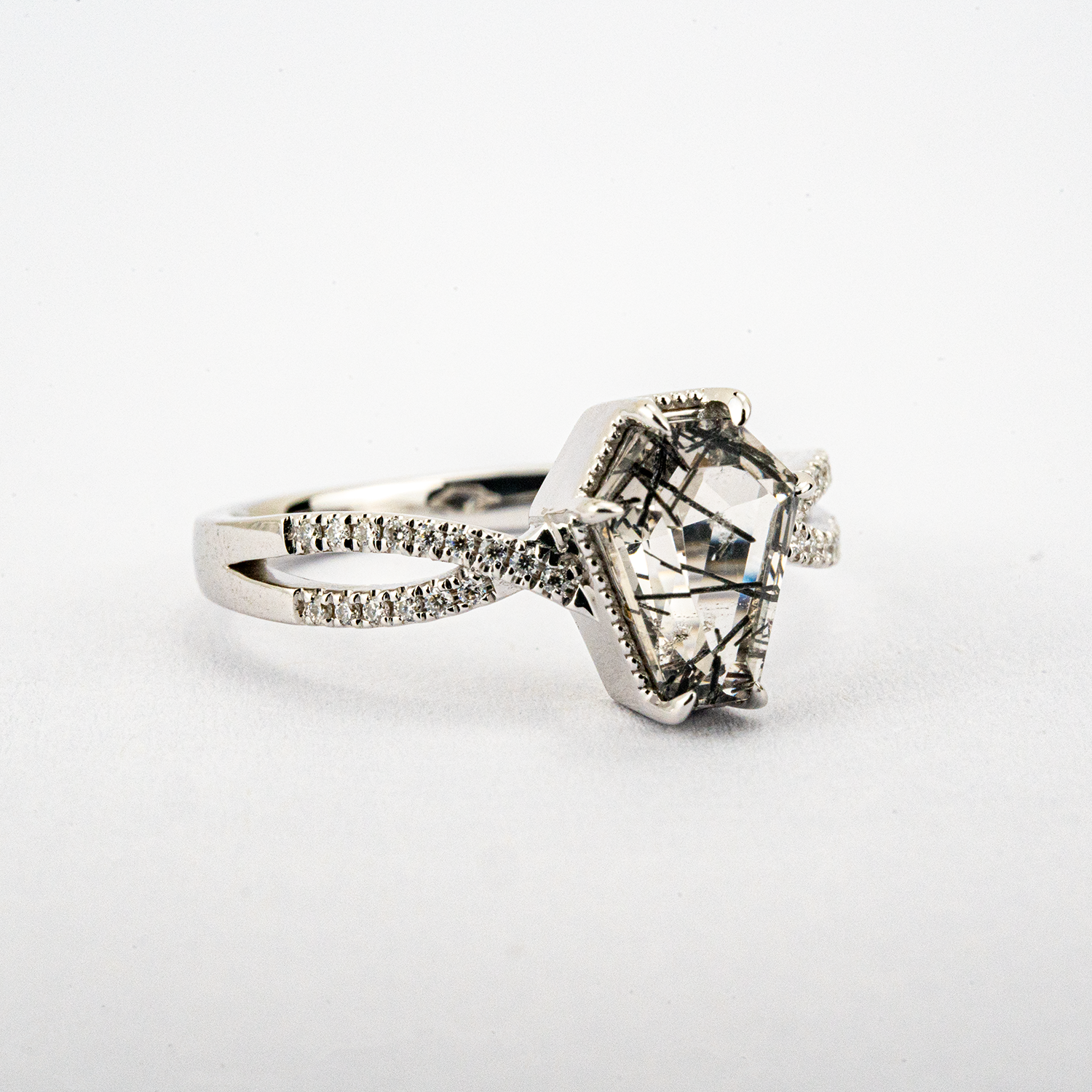 LUMINA - Black Rutilated Quartz White Gold Ring Set Luxury White Gold Ring Wedding