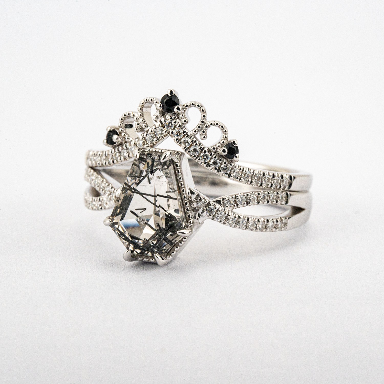 LUMINA - Black Rutilated Quartz White Gold Ring Set Luxury White Gold Ring Wedding