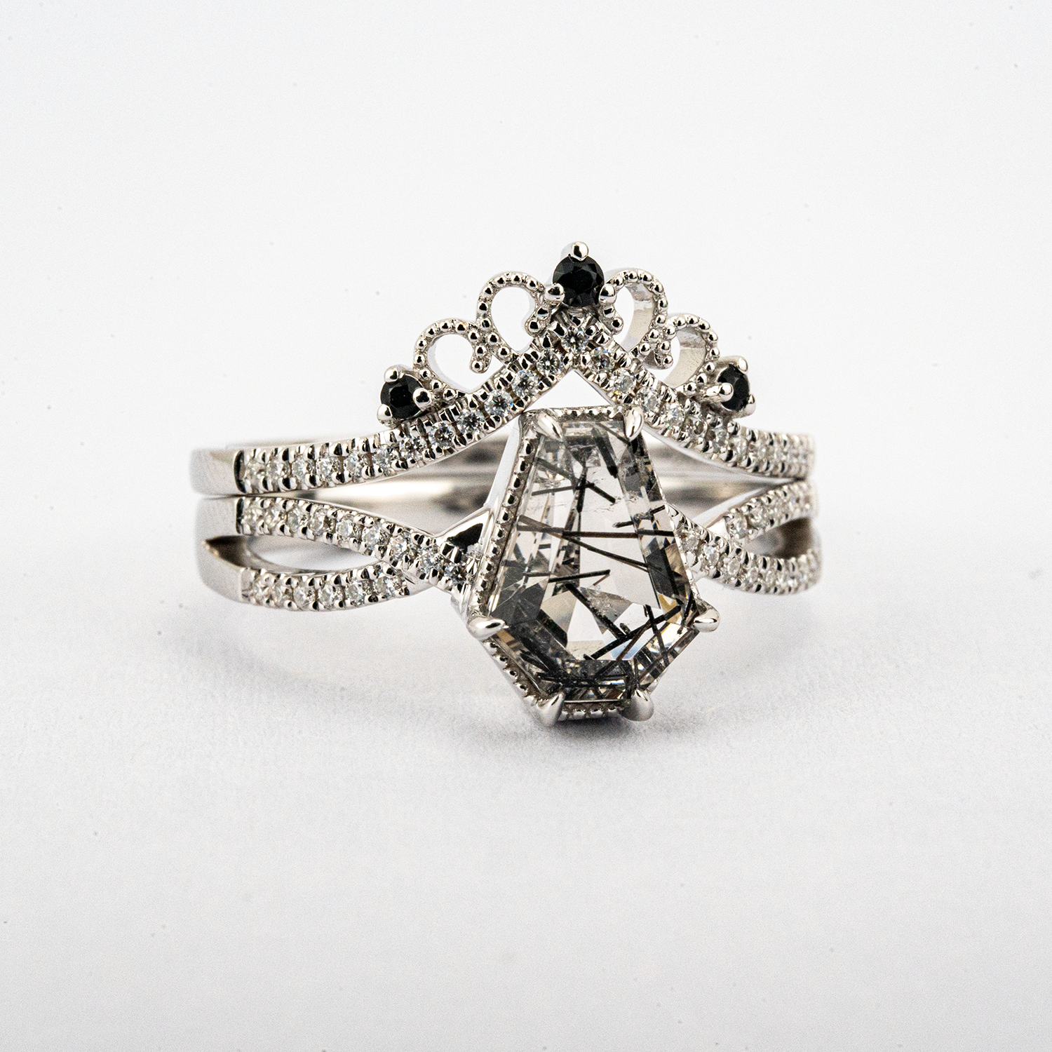LUMINA - Black Rutilated Quartz White Gold Ring Set Luxury White Gold Ring Wedding
