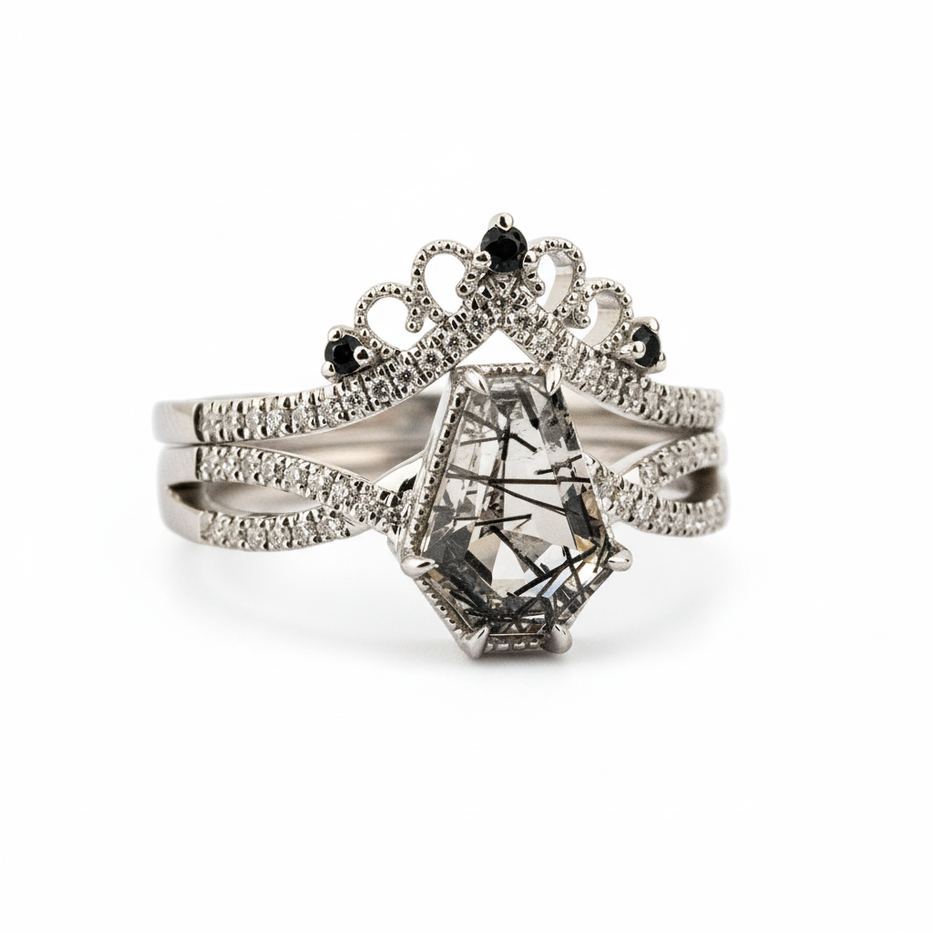 Product view of Black Rutilated Quartz Ring Set in White Gold