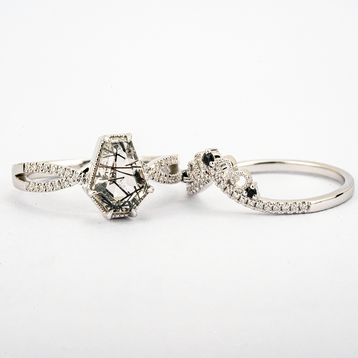 LUMINA - Black Rutilated Quartz White Gold Ring Set Luxury White Gold Ring Wedding