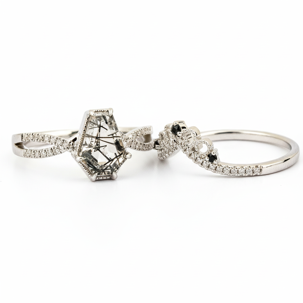 Product view of Black Rutilated Quartz Ring Set in White Gold