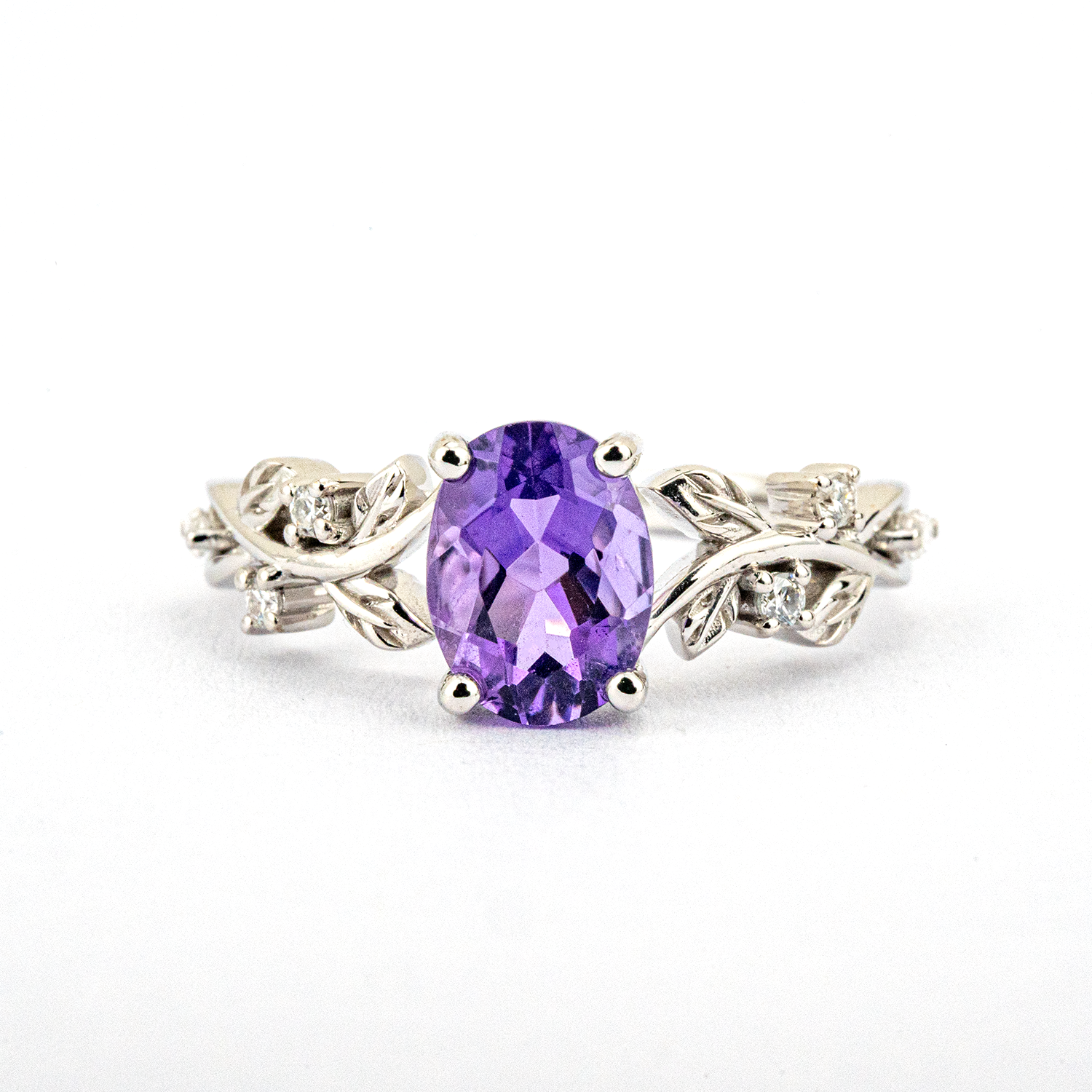 PETALIS - Oval Amethyst & Moissanite Leaf White Gold Ring Set Floral Engagement Ring