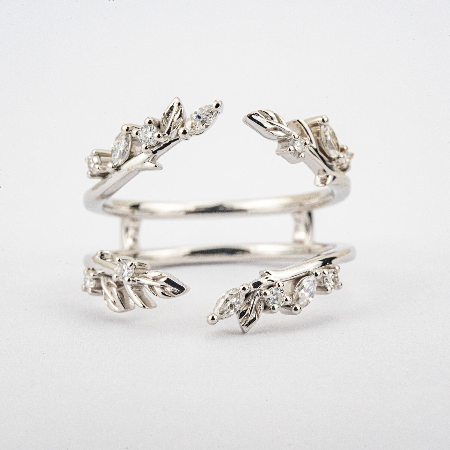 PETALIS - Oval Amethyst & Moissanite Leaf White Gold Ring Set Floral Engagement Ring