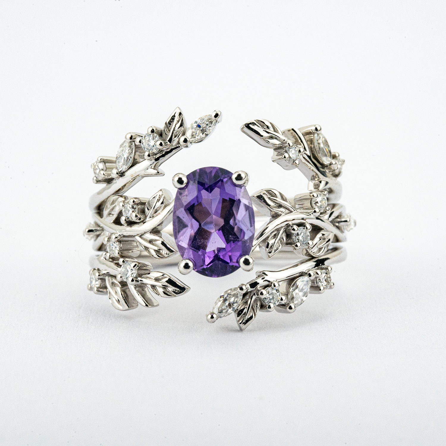 PETALIS - Oval Amethyst & Moissanite Leaf White Gold Ring Set Floral Engagement Ring