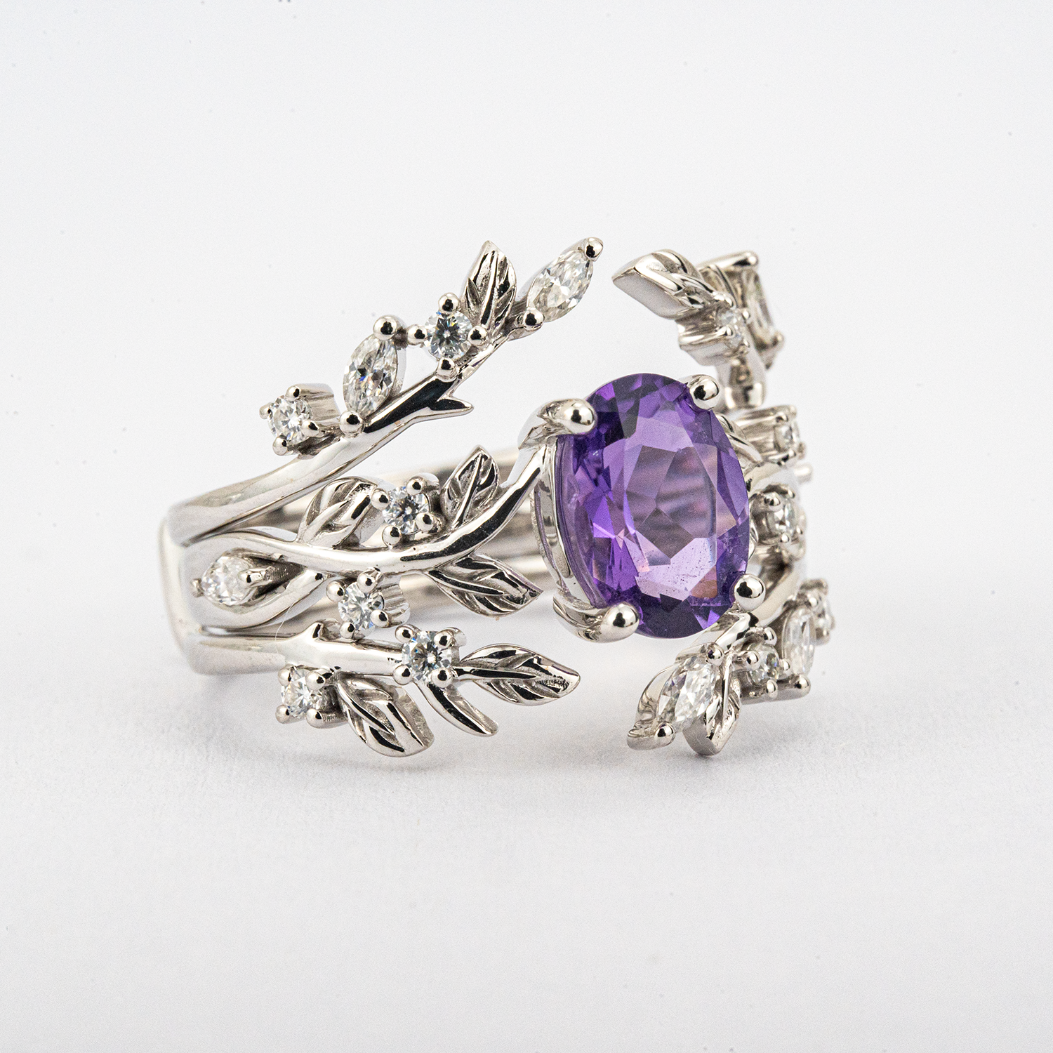 PETALIS - Oval Amethyst & Moissanite Leaf White Gold Ring Set Floral Engagement Ring