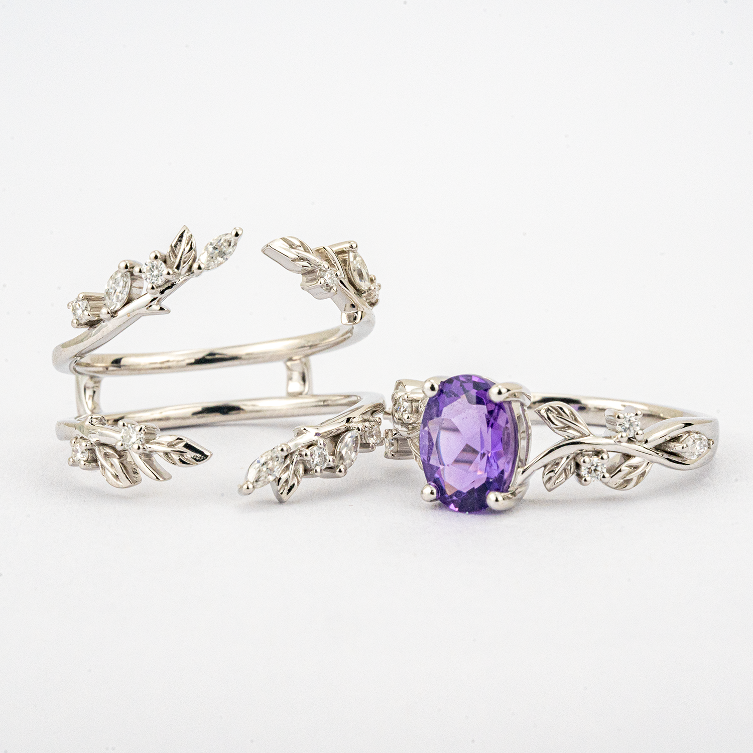 PETALIS - Oval Amethyst & Moissanite Leaf White Gold Ring Set Floral Engagement Ring