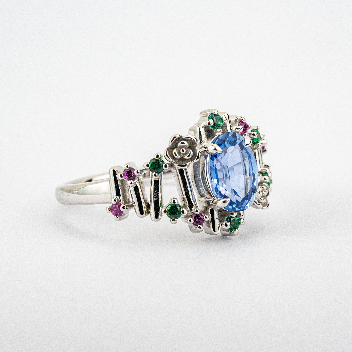 ELEVA - Irregular Oval Lab Sapphire White Gold Personalized Ring Unique Engagement Ring