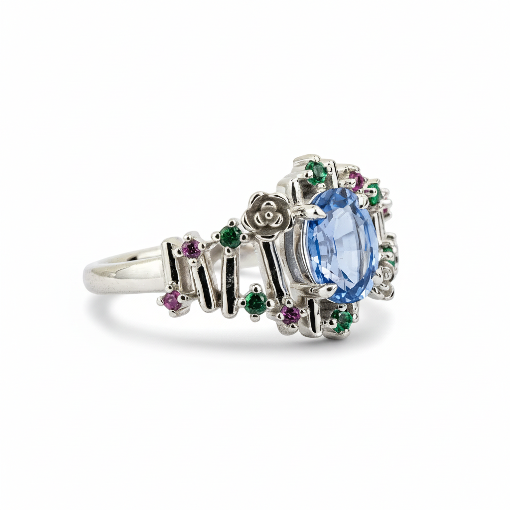 Product view of Oval Lab Sapphire Ring in White Gold