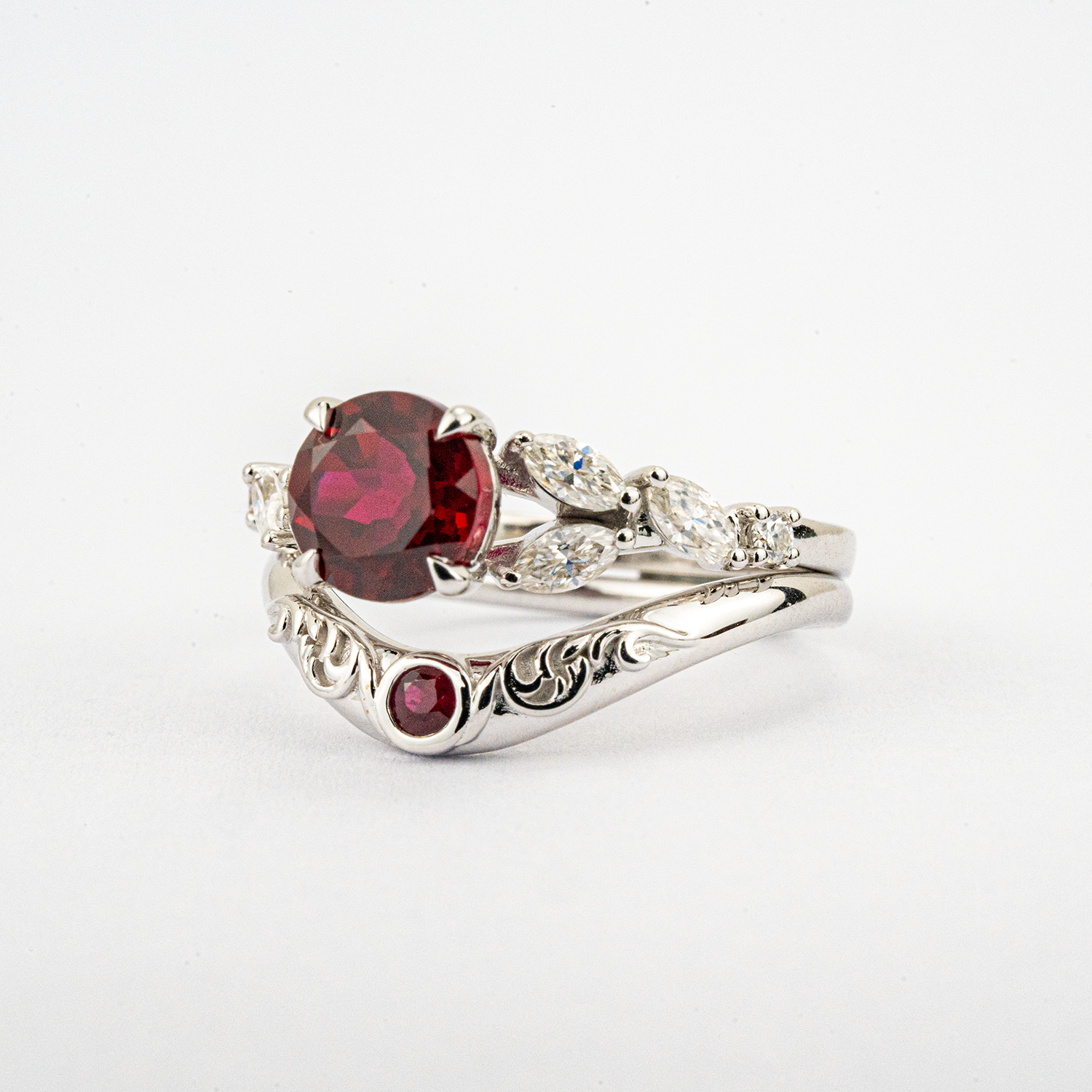 LUMINA - Round Garnet White Gold Ring Set White Gold Wedding Ring For Her Patterned Ring