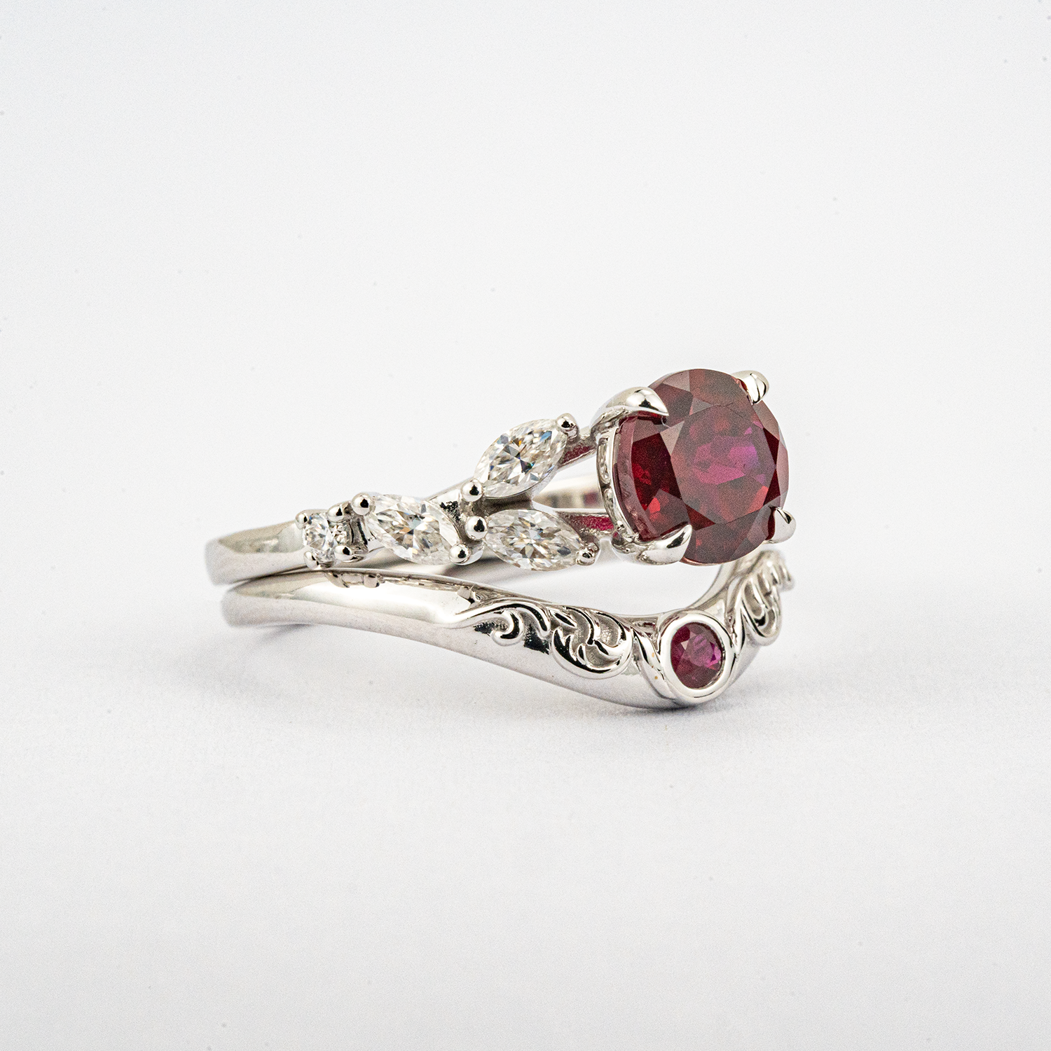 LUMINA - Round Garnet White Gold Ring Set White Gold Wedding Ring For Her Patterned Ring