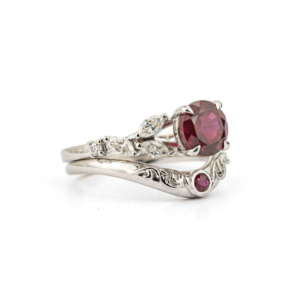 LUMINA - Round Garnet White Gold Ring Set White Gold Wedding Ring For Her Patterned Ring