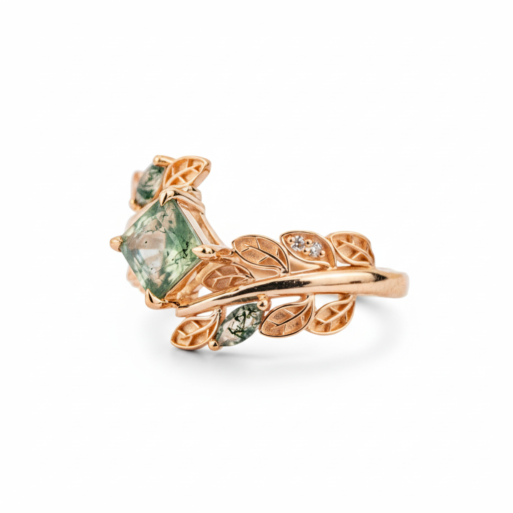 PETALIS - Princess Moss Agate Wedding Rose Gold Leaf Ring Floral Engagement Ring