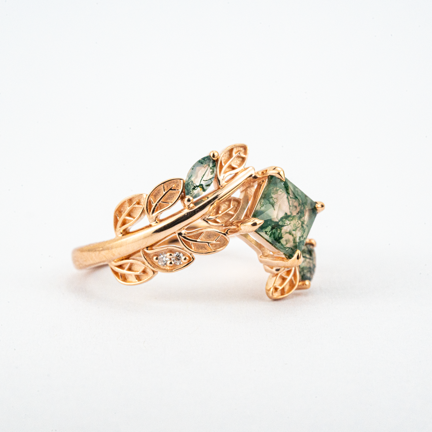 PETALIS - Princess Moss Agate Wedding Rose Gold Leaf Ring Floral Engagement Ring