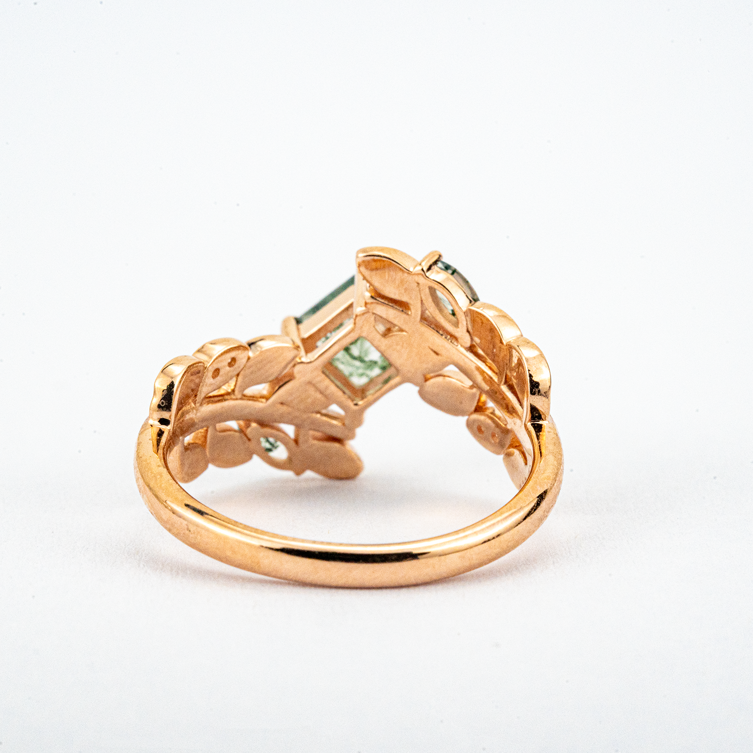 PETALIS - Princess Moss Agate Wedding Rose Gold Leaf Ring Floral Engagement Ring