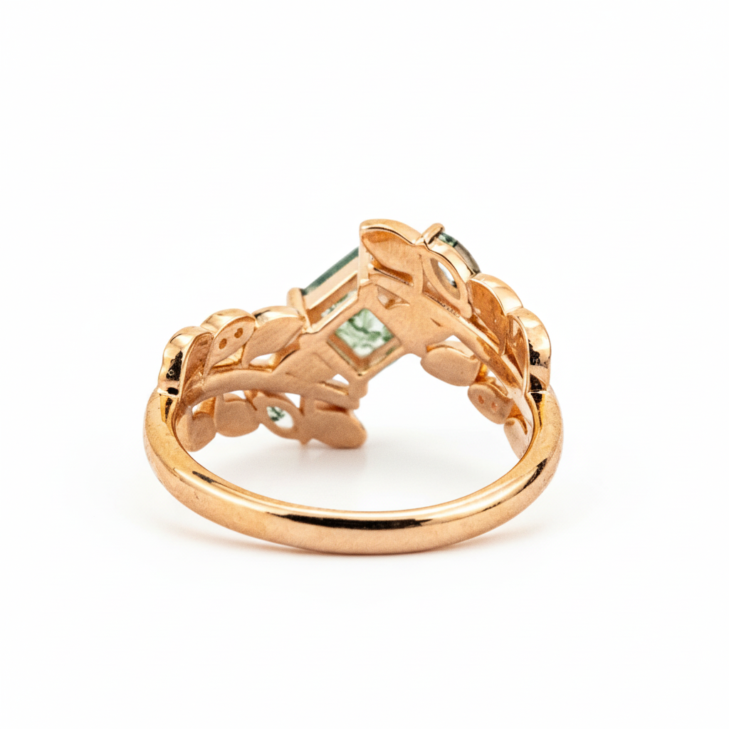 PETALIS - Princess Moss Agate Wedding Rose Gold Leaf Ring Floral Engagement Ring