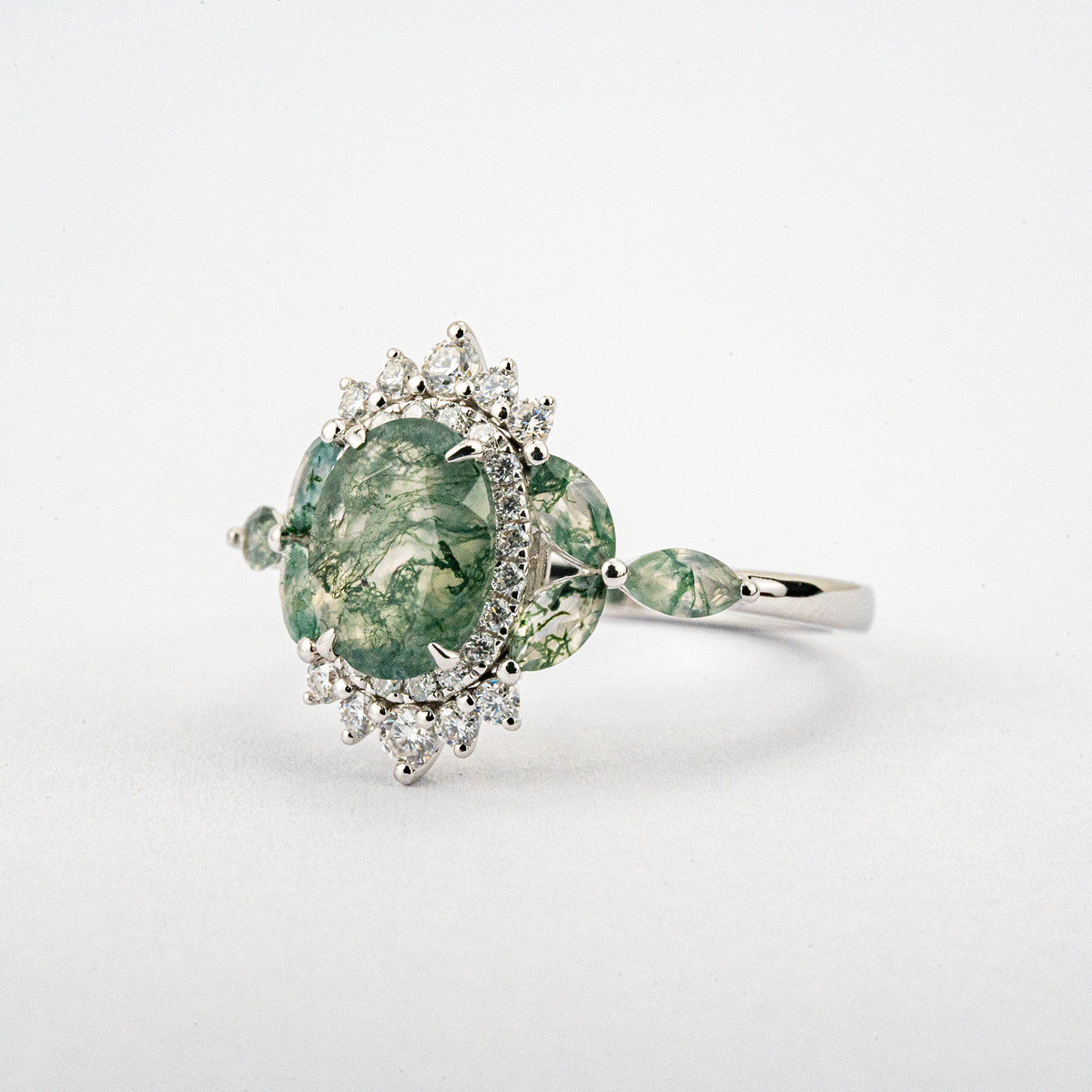 PETALIS - Oval Moss Agate & Moissanite White Gold Ring Floral White Gold Ring