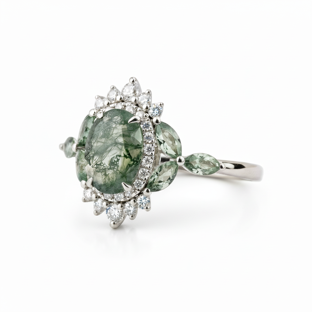 Lifestyle view of Oval Moss Agate Ring in White Gold