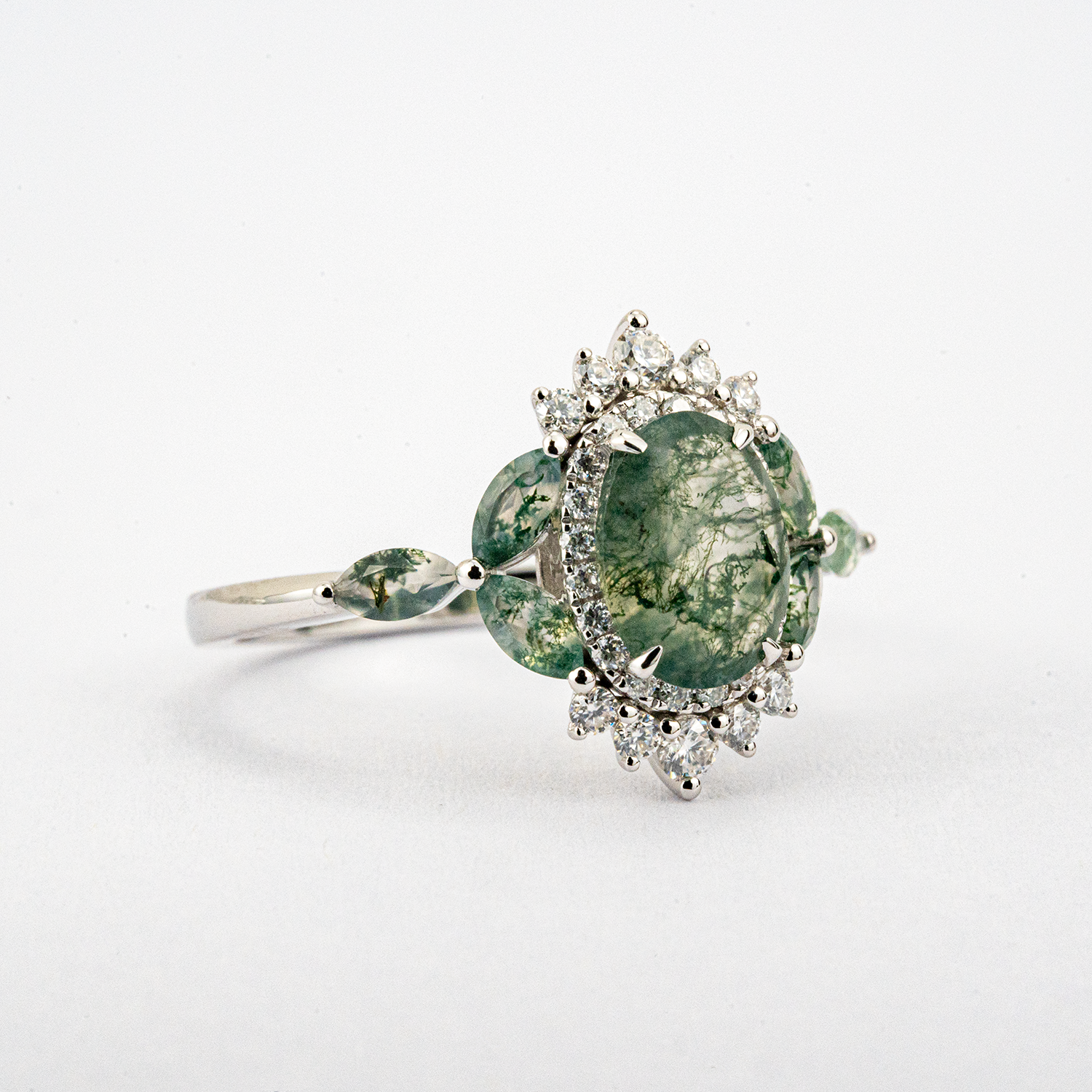 PETALIS - Oval Moss Agate & Moissanite White Gold Ring Floral White Gold Ring