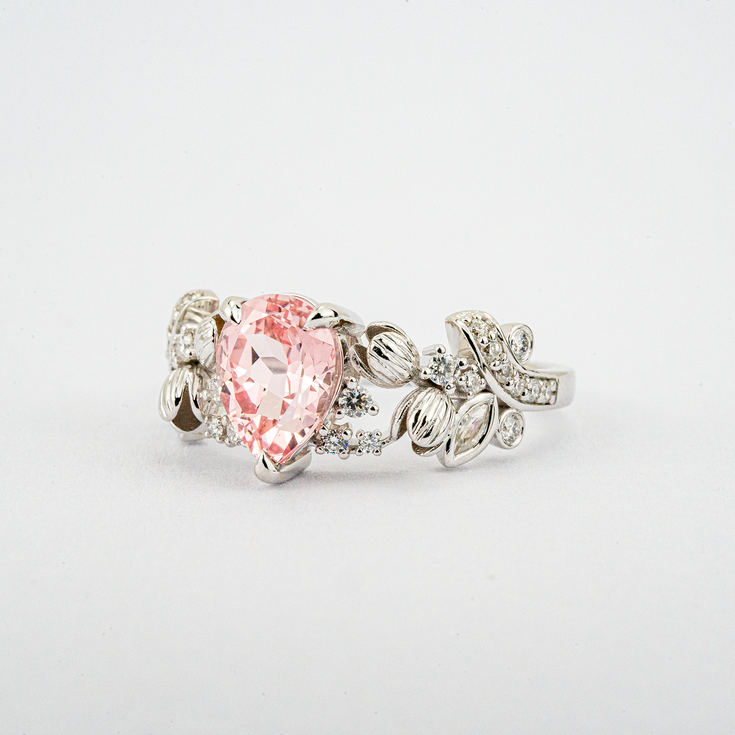 LUMINA - Pear-Shaped Padparadscha Leaf White Gold Ring with Nature-Inspired Design
