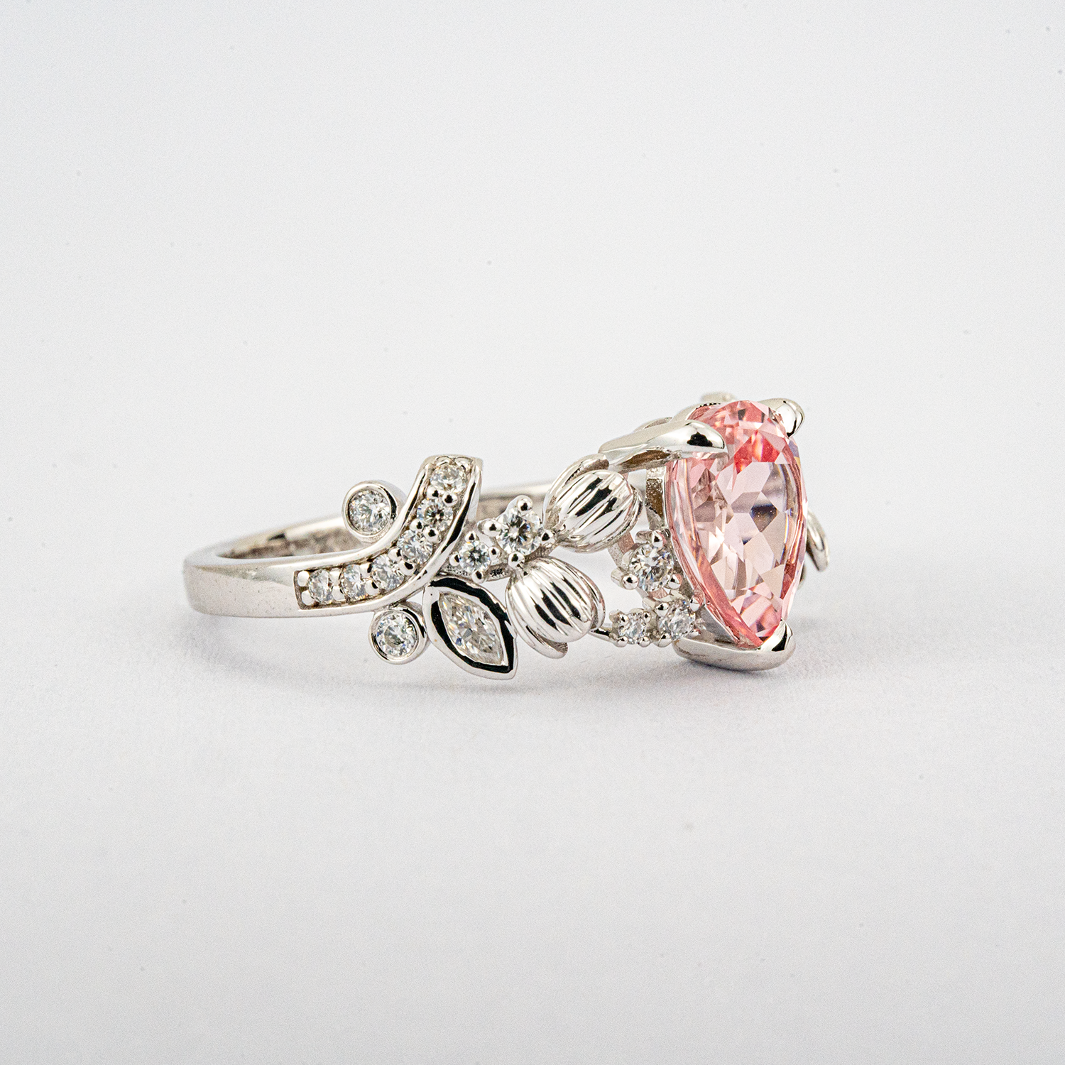 LUMINA - Pear-Shaped Padparadscha Leaf White Gold Ring with Nature-Inspired Design