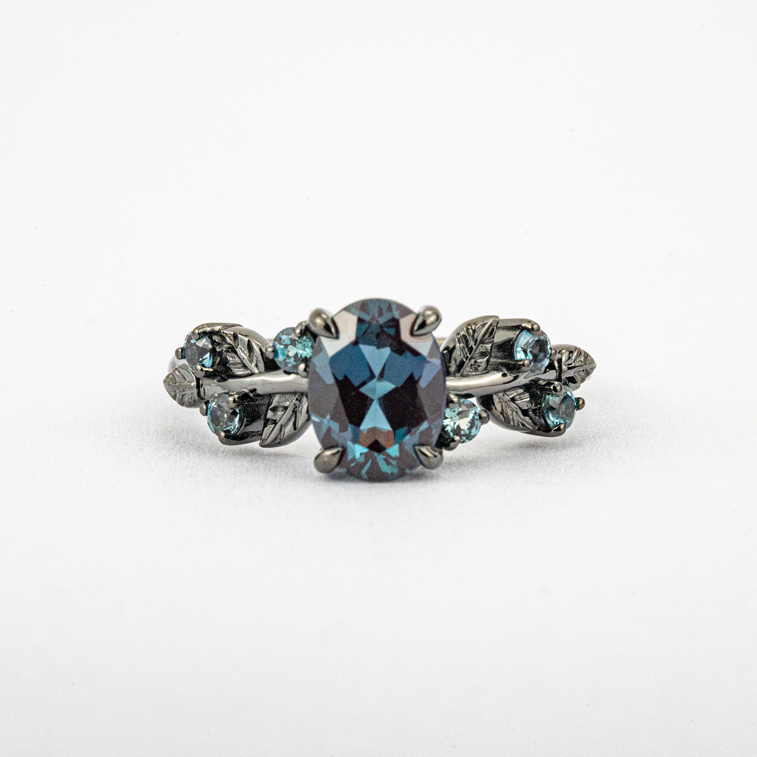 ELEVA - Oval Cultivated Alexandrite Black Gold Leaf Ring Set Black Gold Engagement
