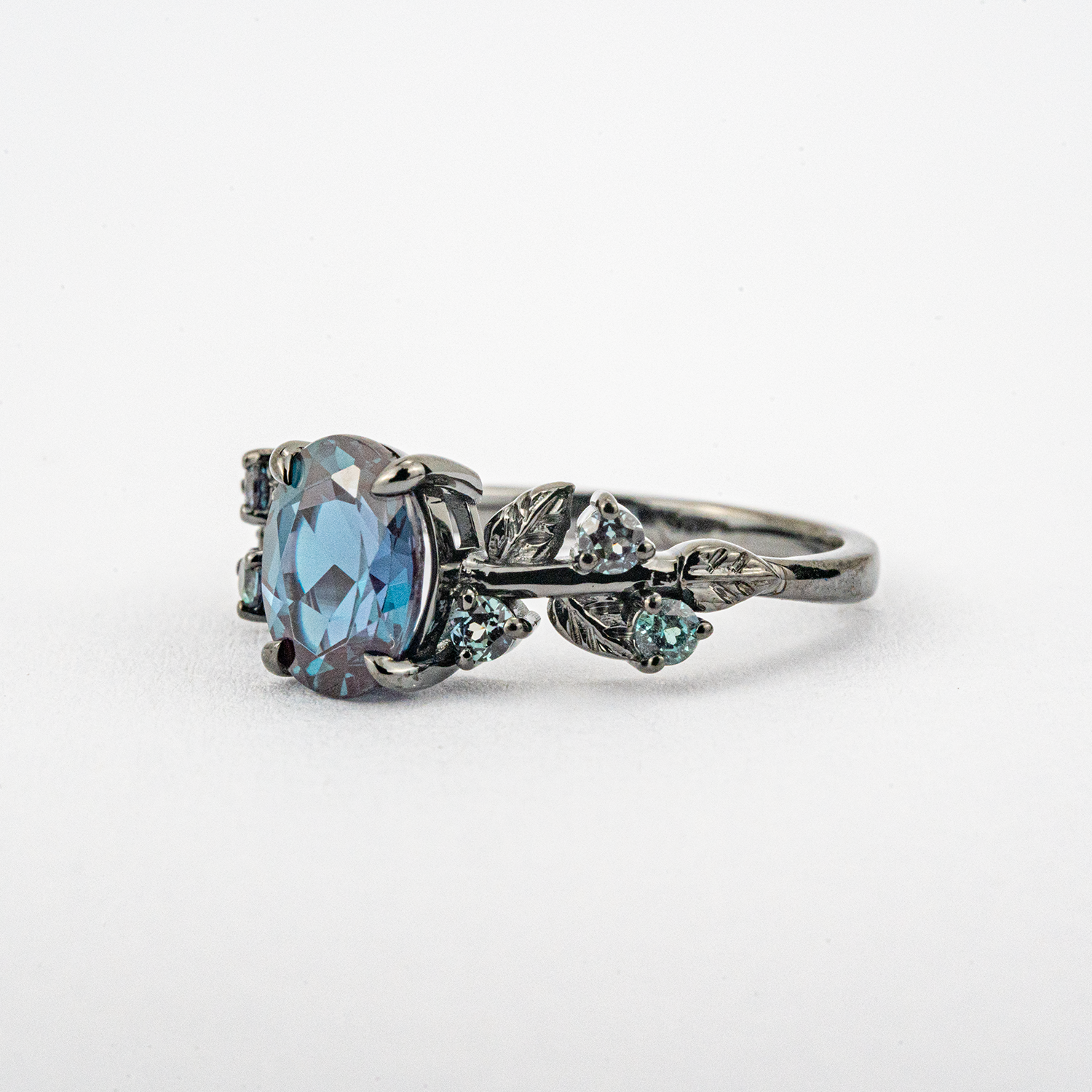 ELEVA - Oval Cultivated Alexandrite Black Gold Leaf Ring Set Black Gold Engagement