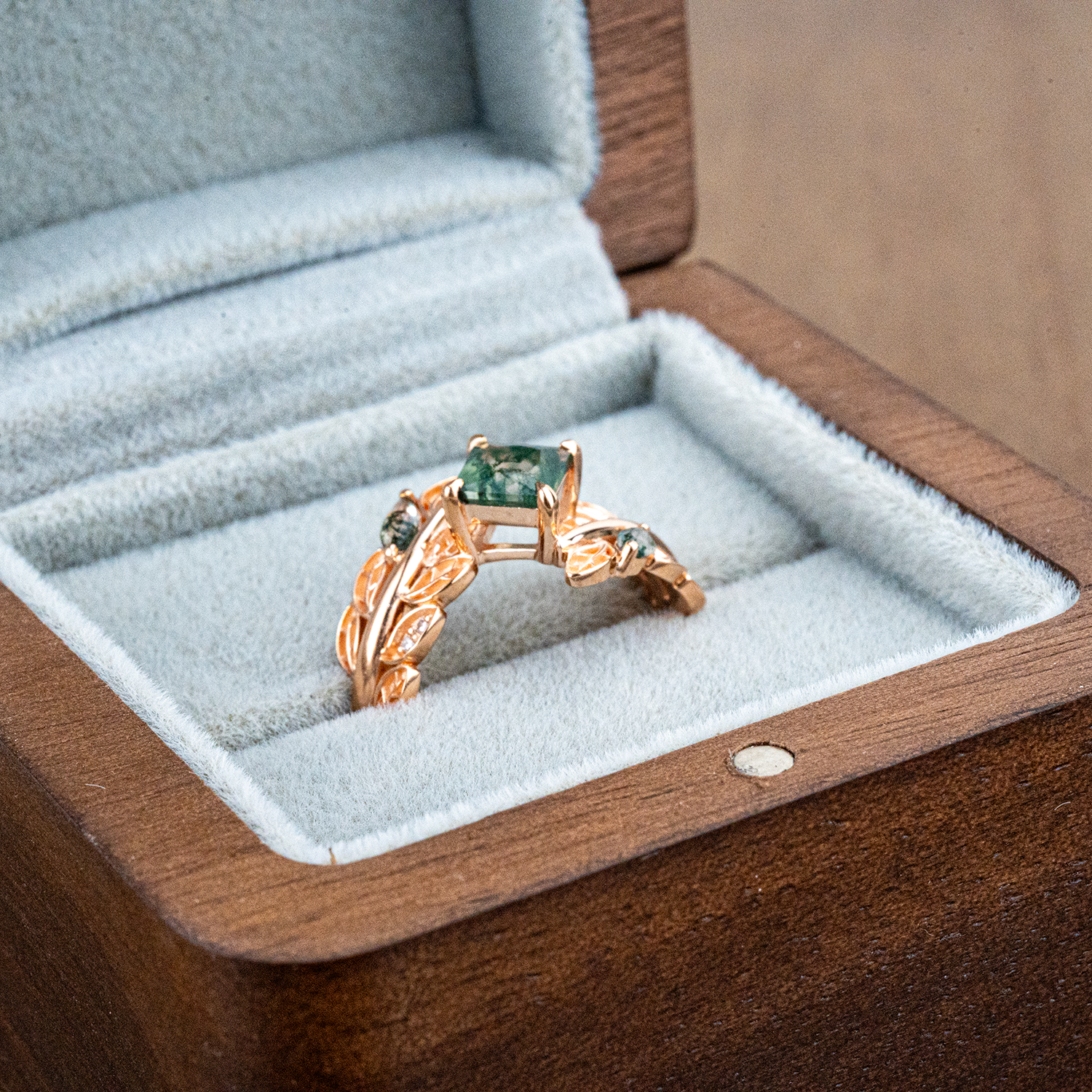 PETALIS - Princess Moss Agate Wedding Rose Gold Leaf Ring Floral Engagement Ring