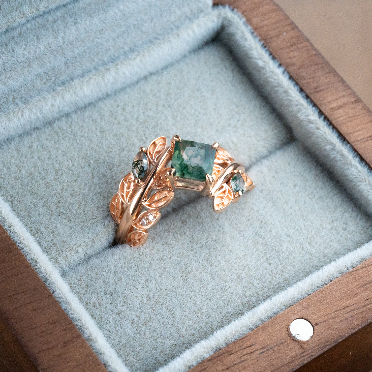 PETALIS - Princess Moss Agate Wedding Rose Gold Leaf Ring Floral Engagement Ring