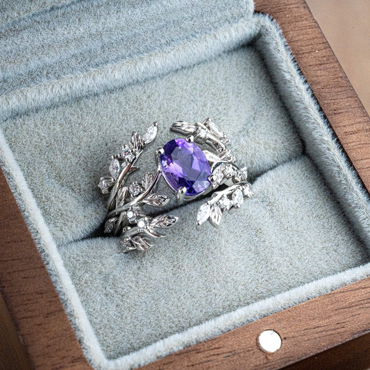 PETALIS - Oval Amethyst & Moissanite Leaf White Gold Ring Set Floral Engagement Ring