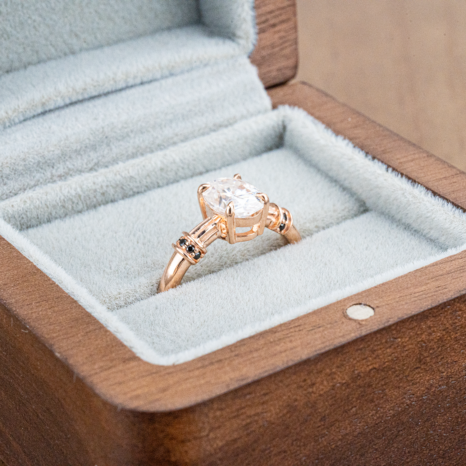 LUMINA - Oval Moissanite and Black Onyx Rose Gold Ring Classic Engagement Ring